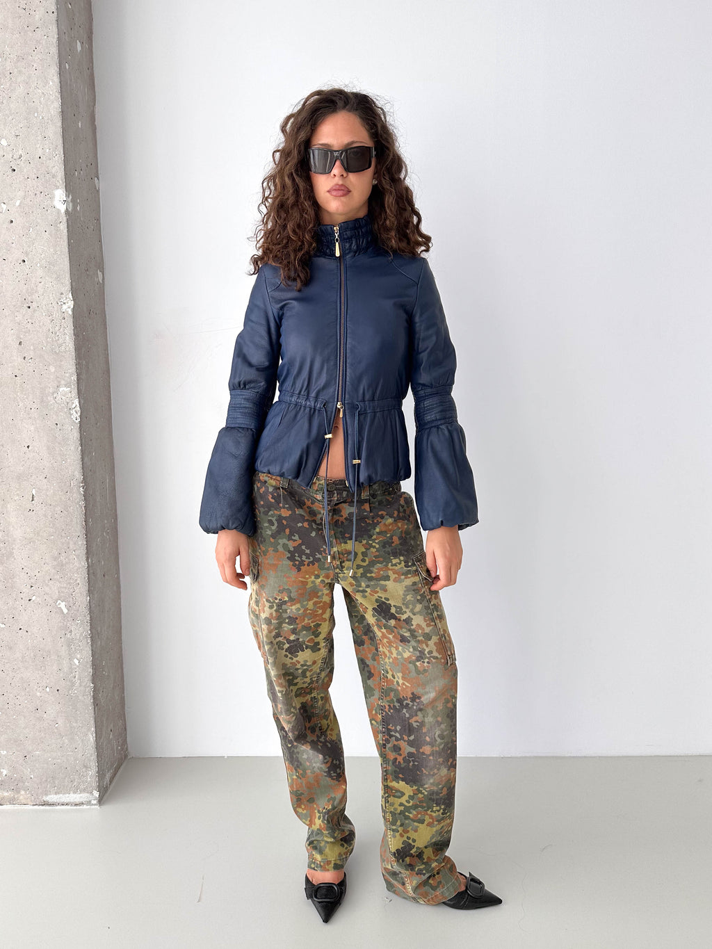 Navy Leather Puff Sleeve Italian Jacket