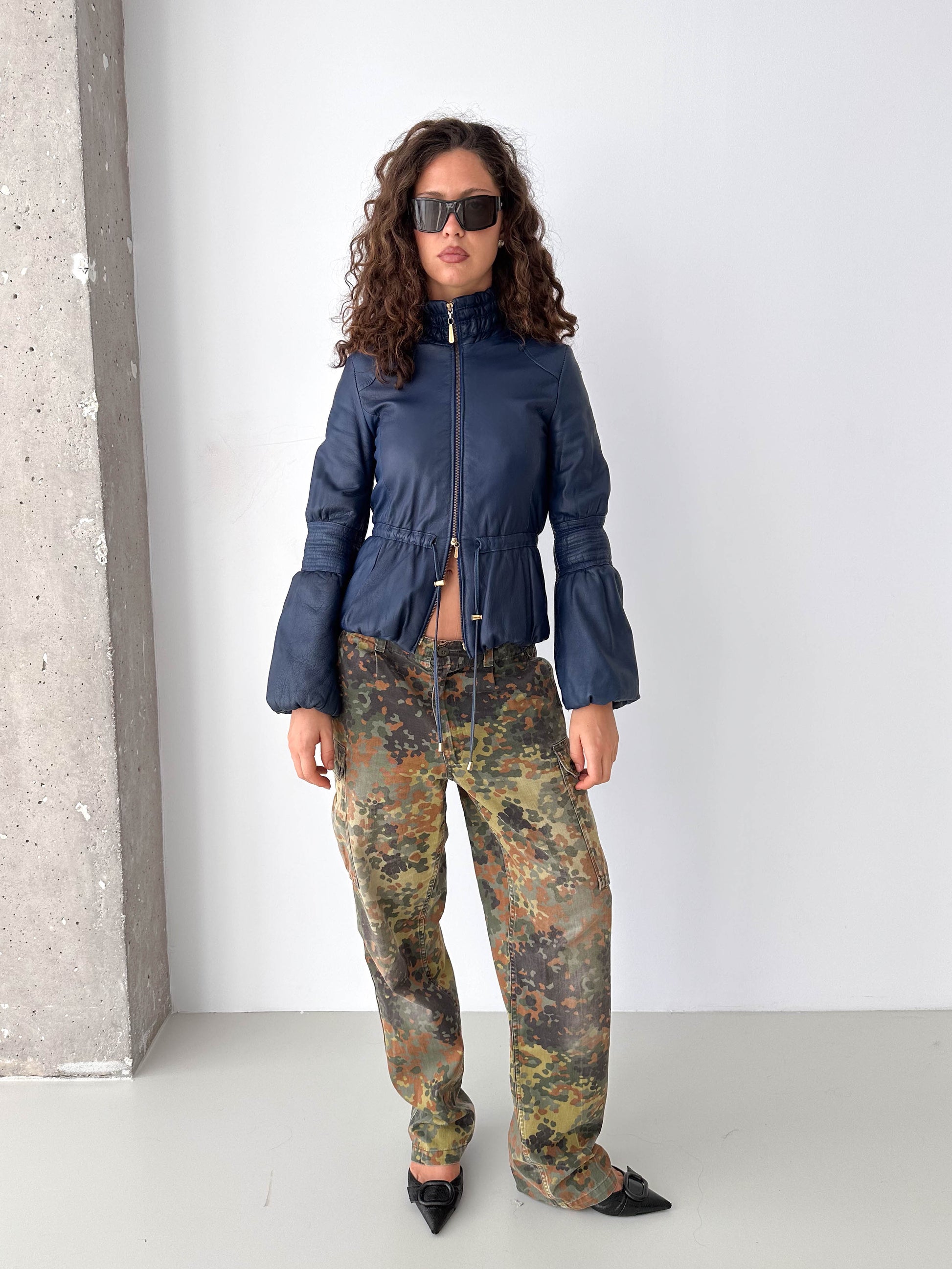 Navy Leather Puff Sleeve Italian Jacket