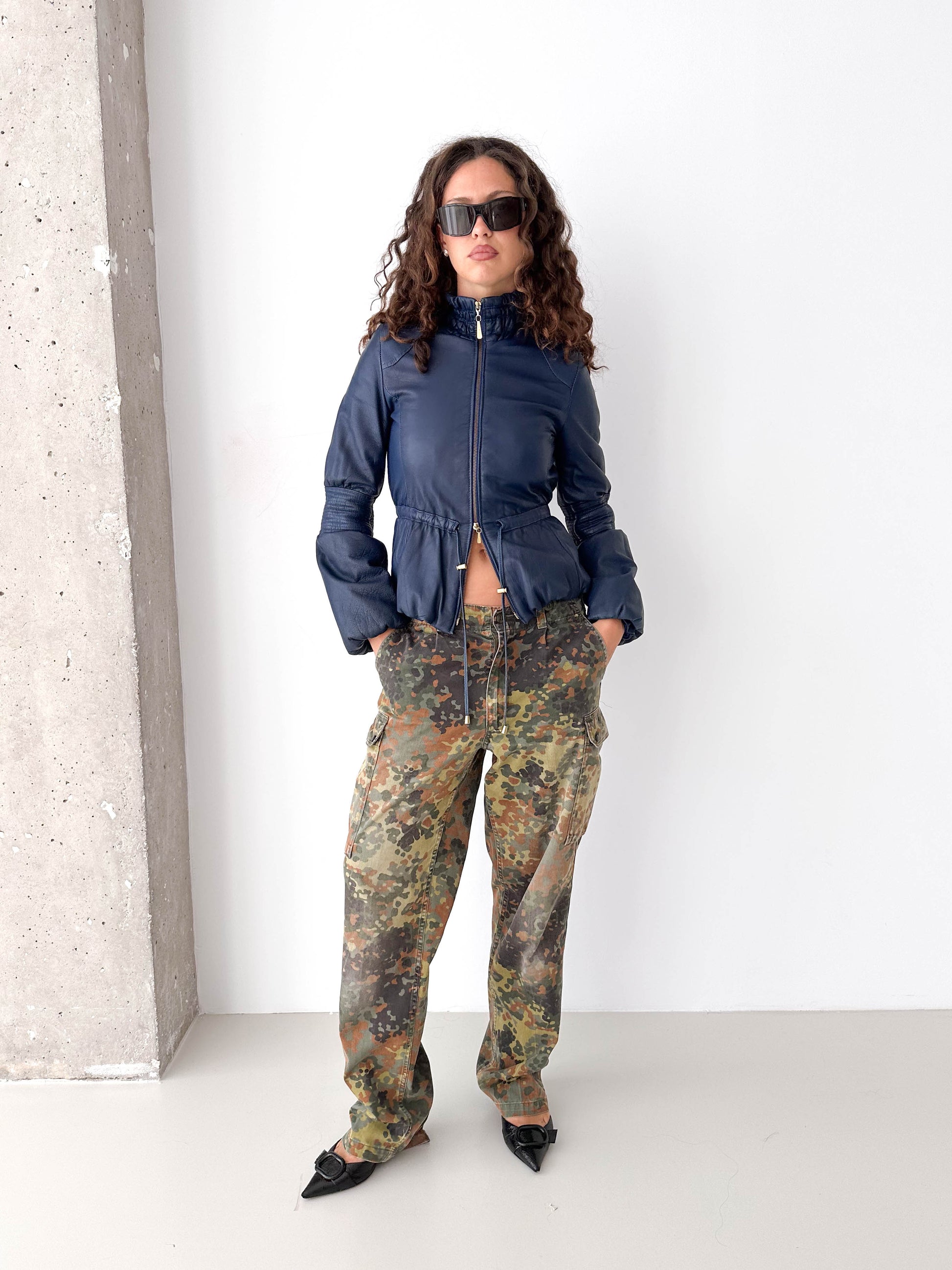 Navy Leather Puff Sleeve Italian Jacket