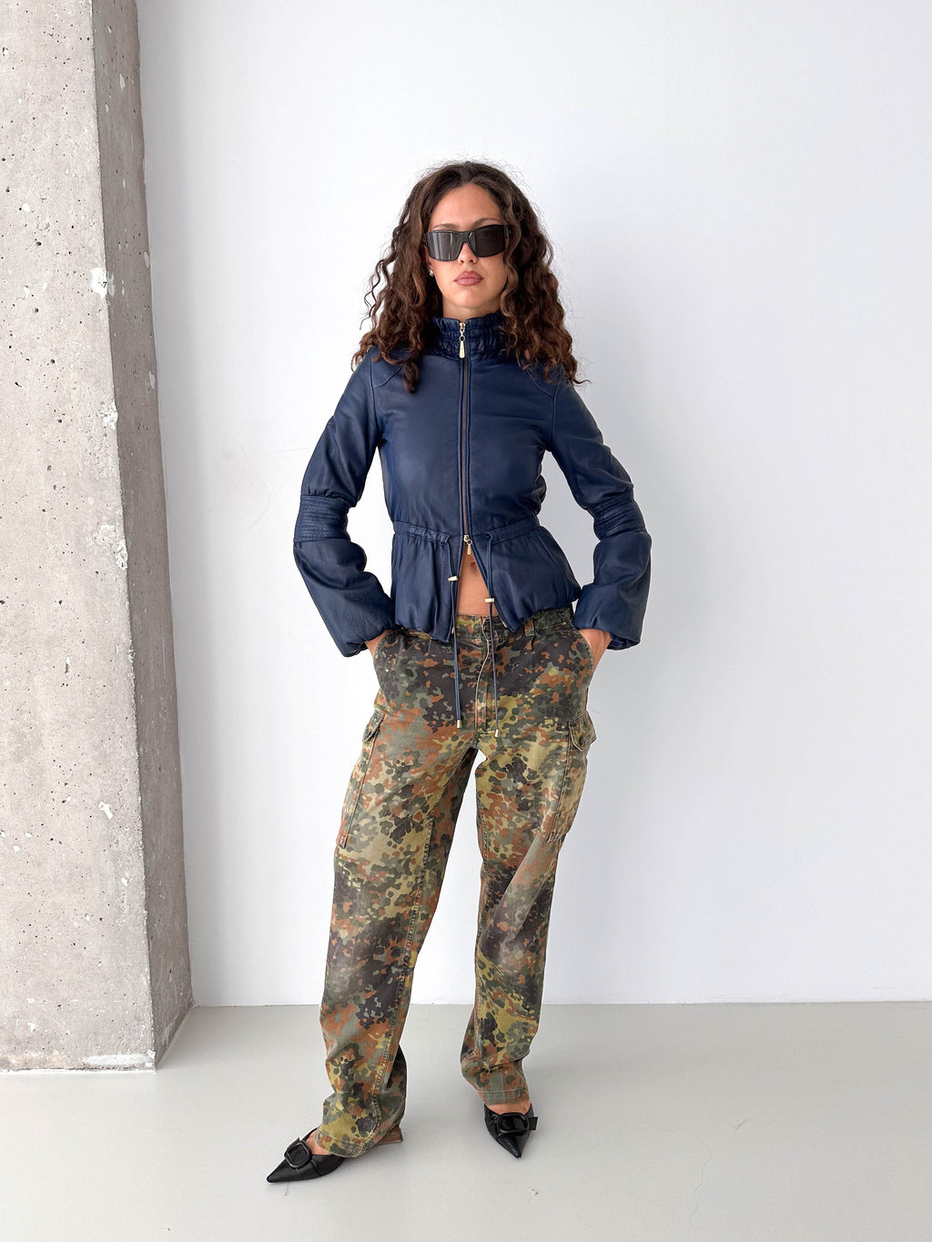 Navy Leather Puff Sleeve Italian Jacket