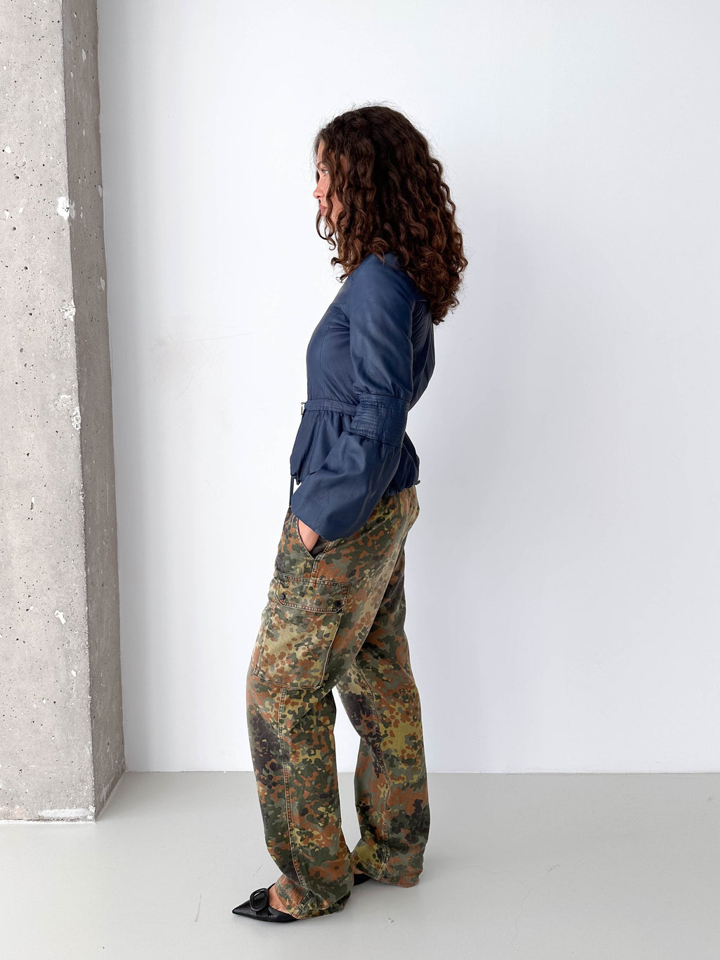 Navy Leather Puff Sleeve Italian Jacket