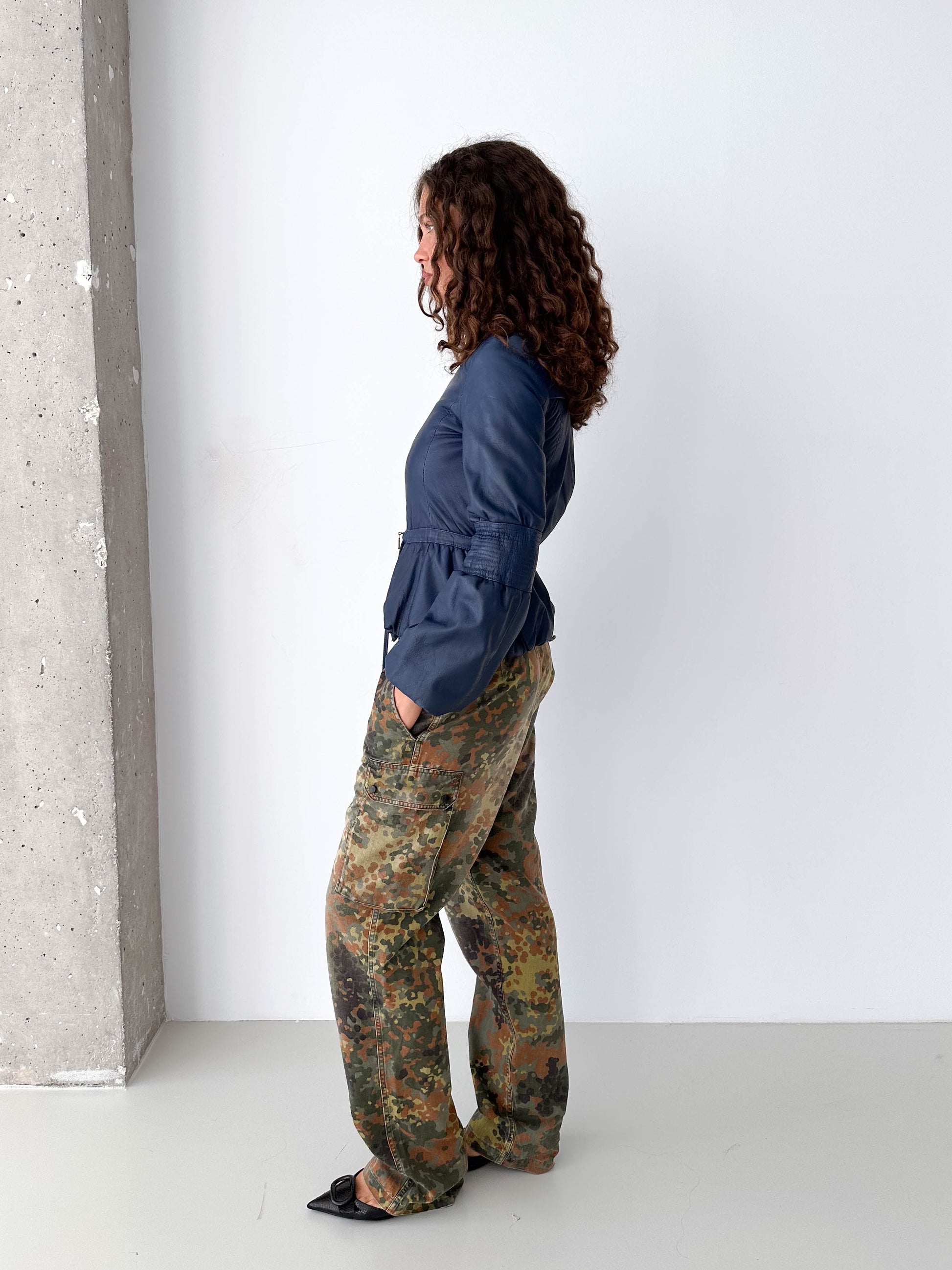 Navy Leather Puff Sleeve Italian Jacket