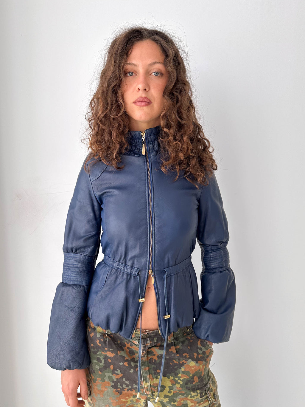 Navy Leather Puff Sleeve Italian Jacket