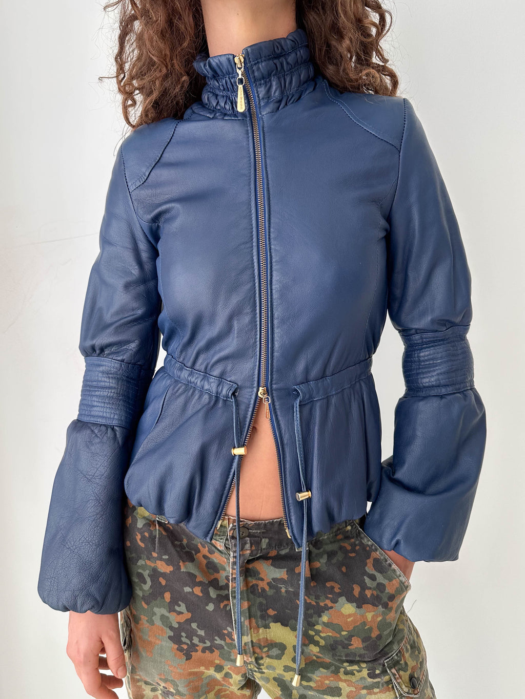 Navy Leather Puff Sleeve Italian Jacket