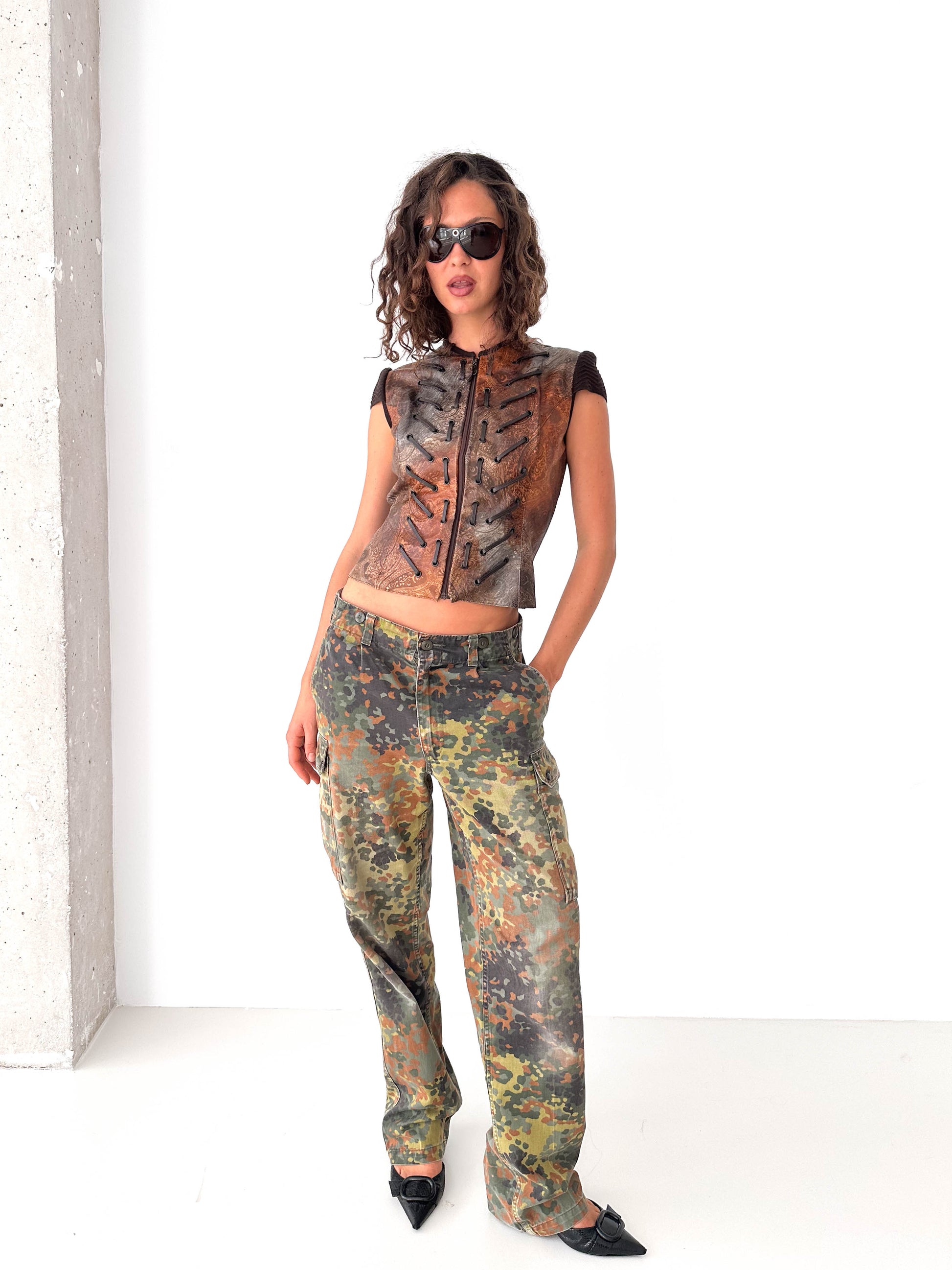 Leather Laced Italian Zip-Up Vest Top