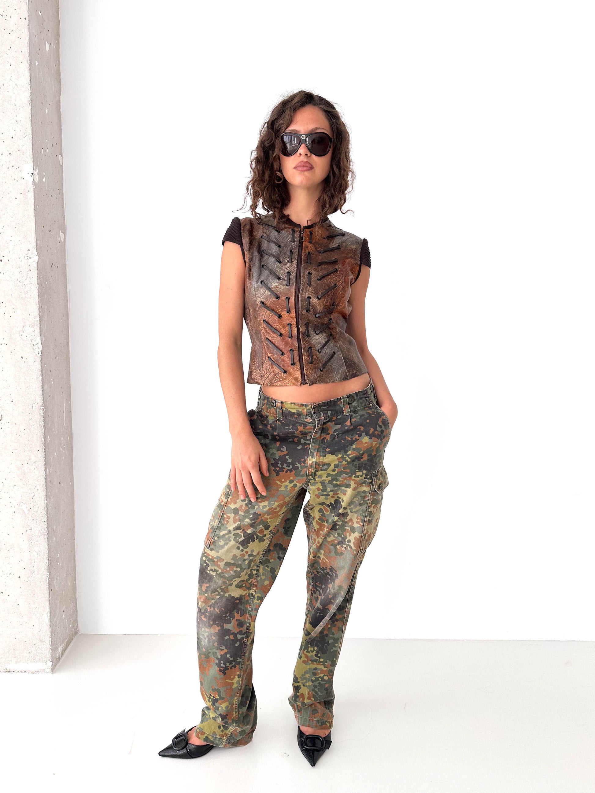 Leather Laced Italian Zip-Up Vest Top