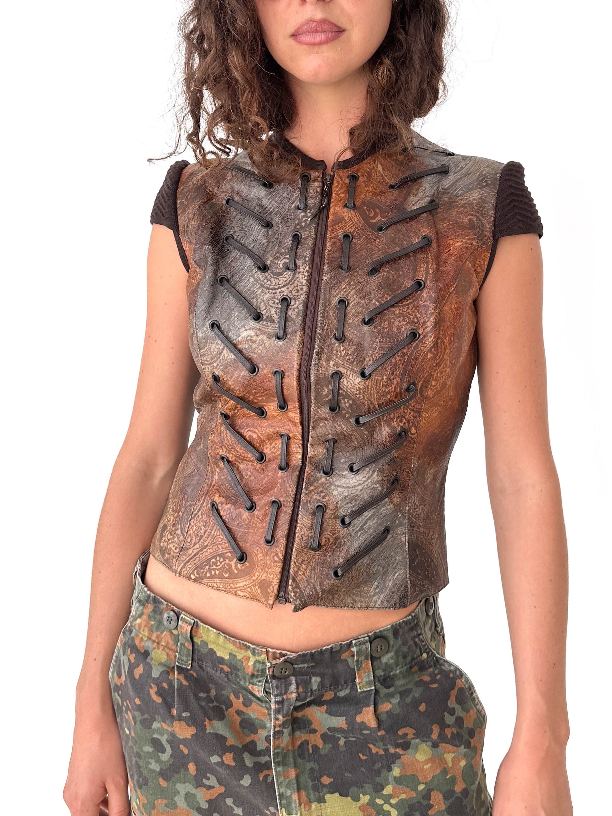 Leather Laced Italian Zip-Up Vest Top