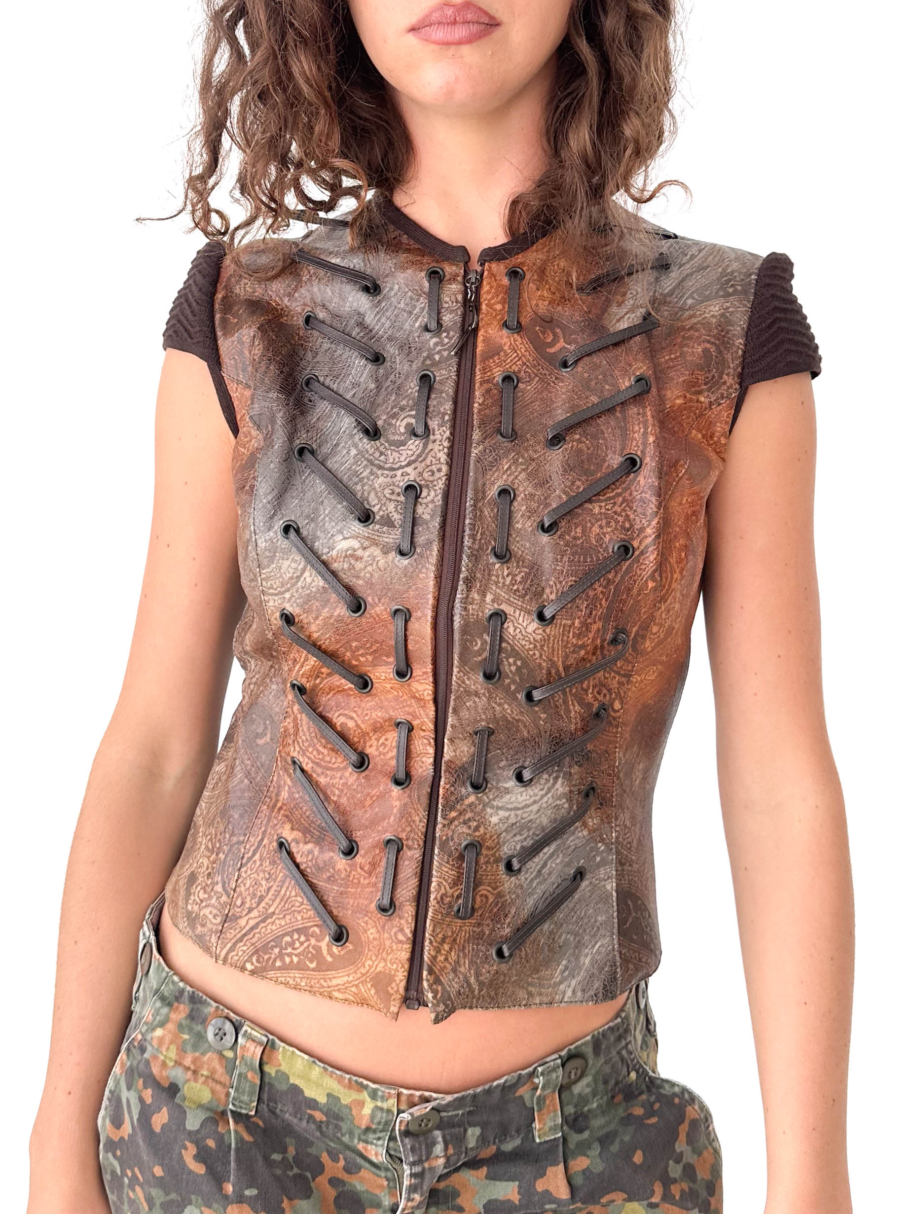 Leather Laced Italian Zip-Up Vest Top