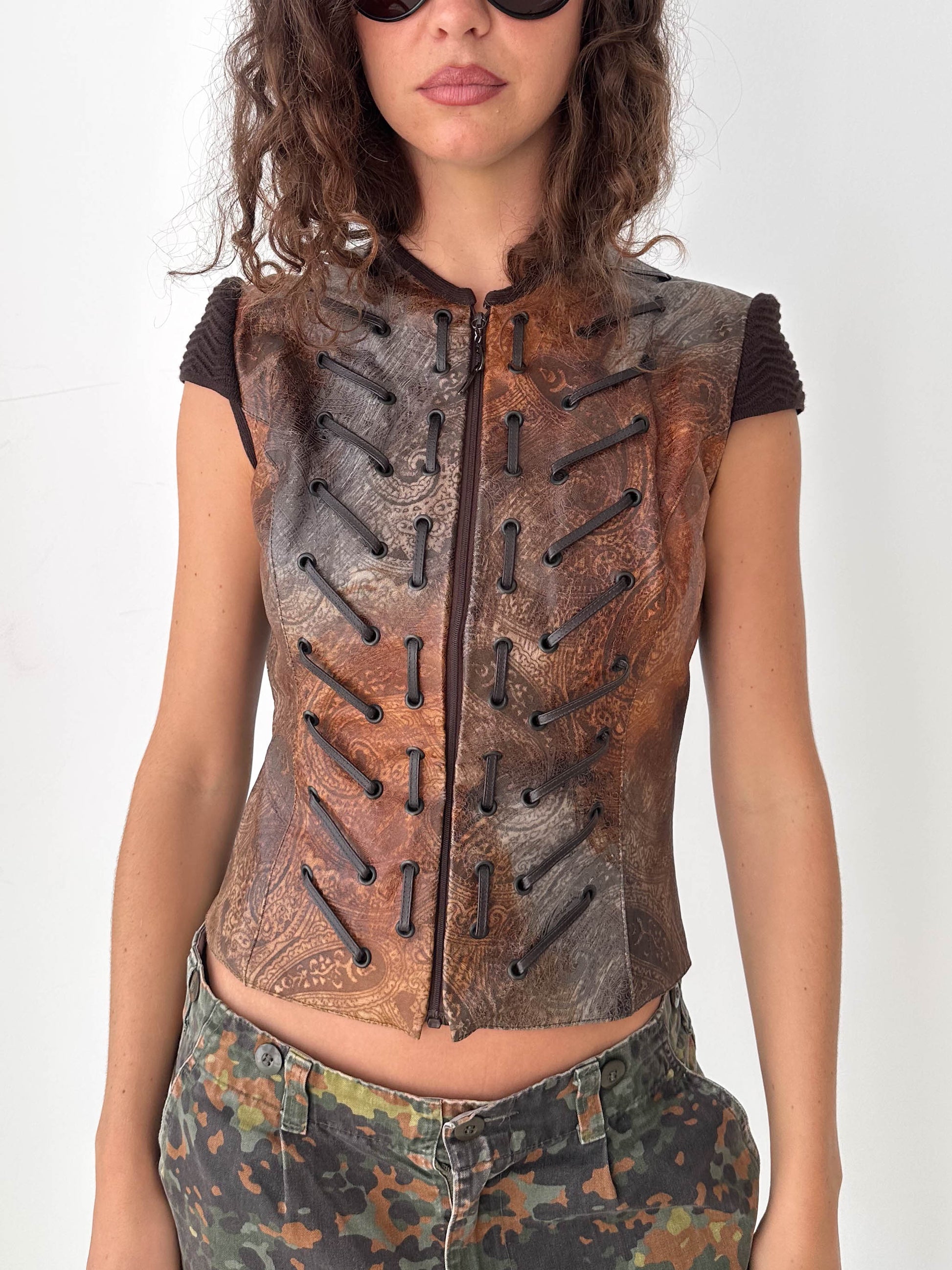 Leather Laced Italian Zip-Up Vest Top