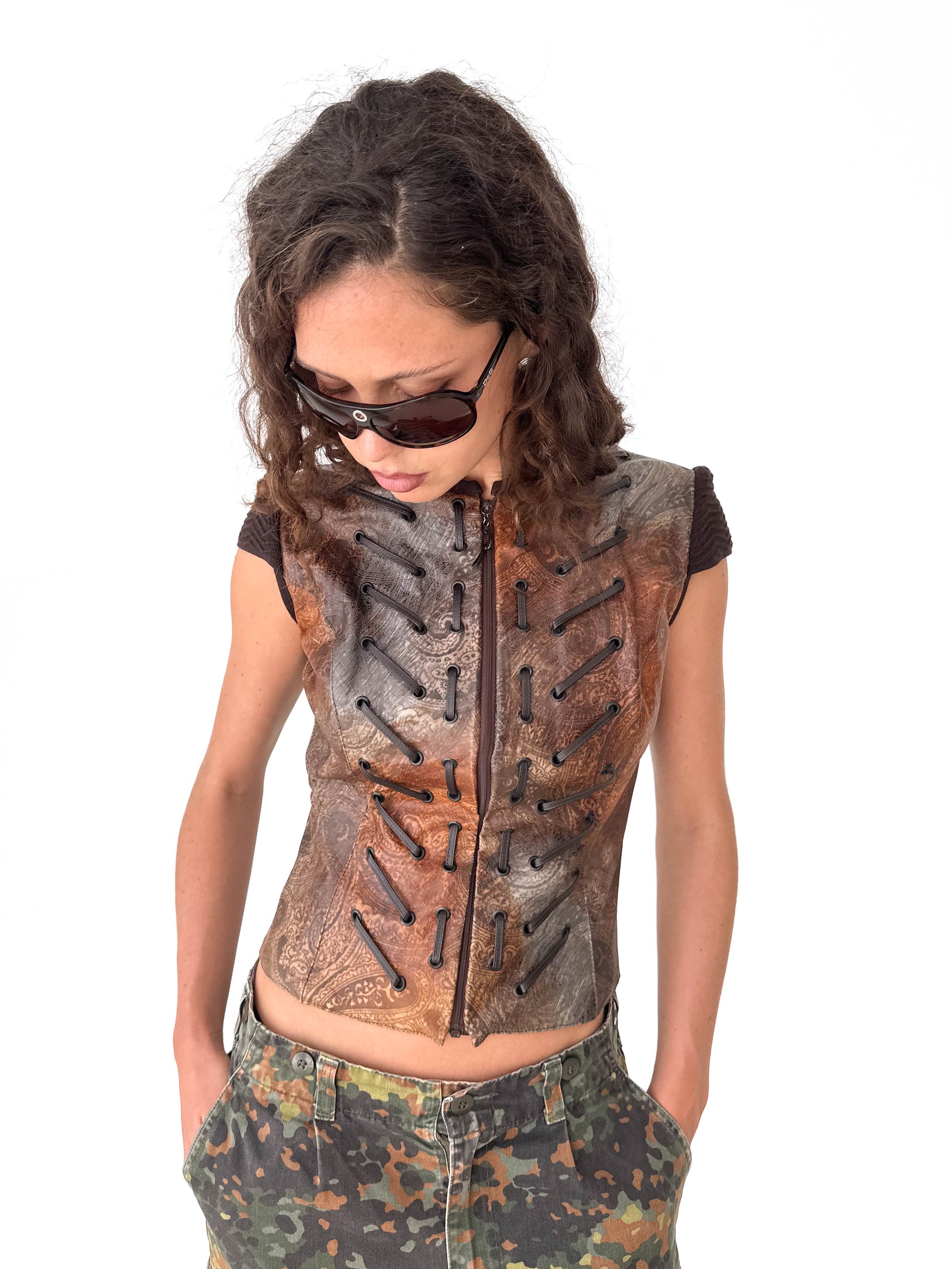 Leather Laced Italian Zip-Up Vest Top