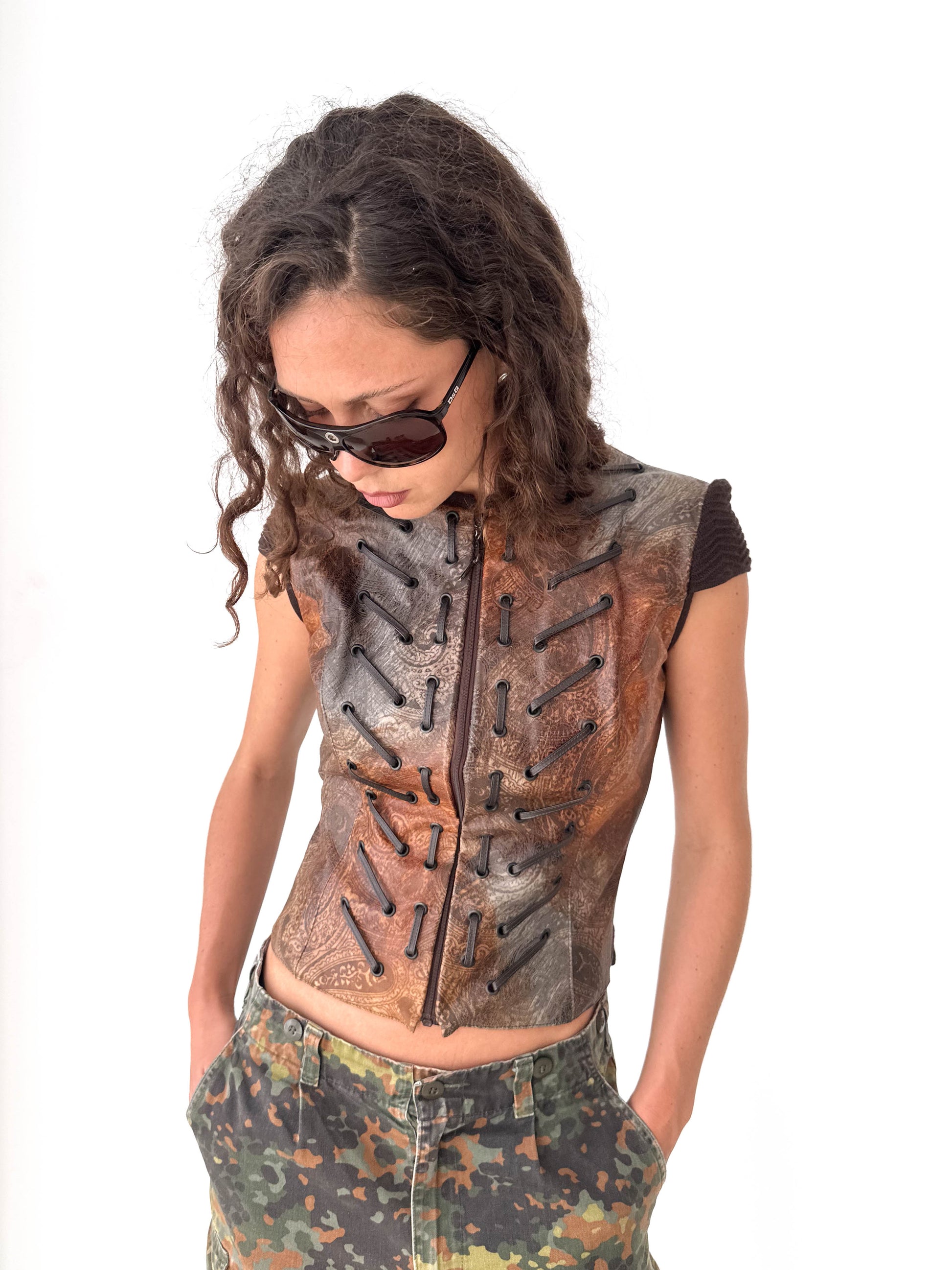 Leather Laced Italian Zip-Up Vest Top