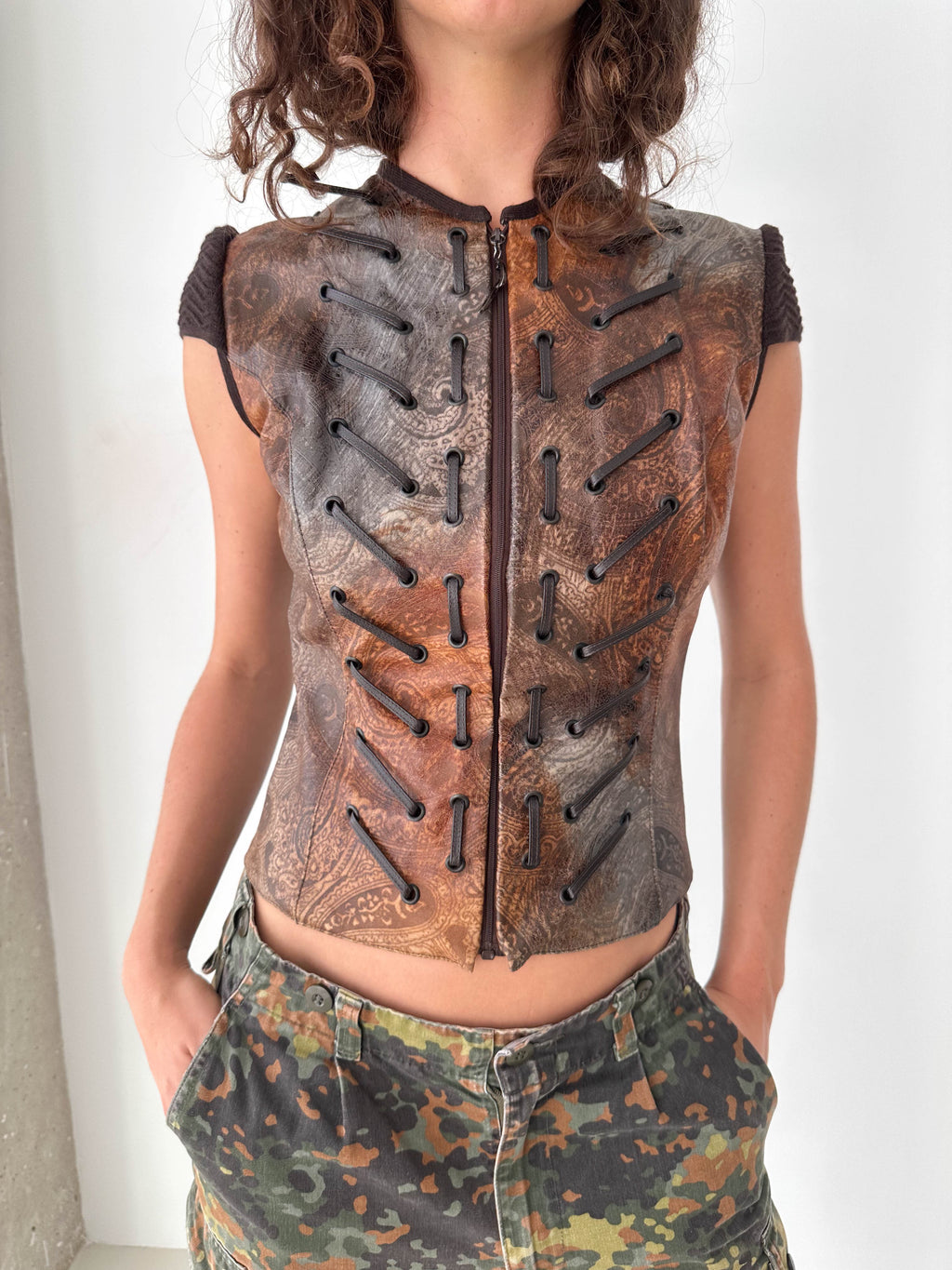 Leather Laced Italian Zip-Up Vest Top
