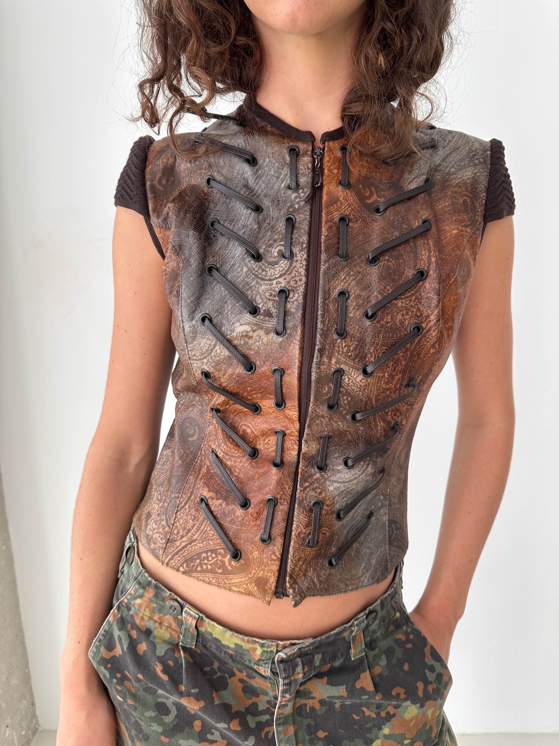 Leather Laced Italian Zip-Up Vest Top