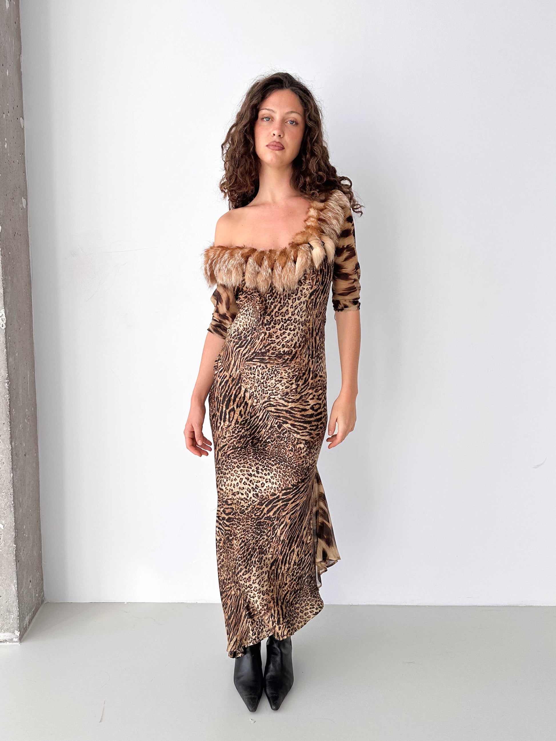 Leopard Print Dress with Fur Trim