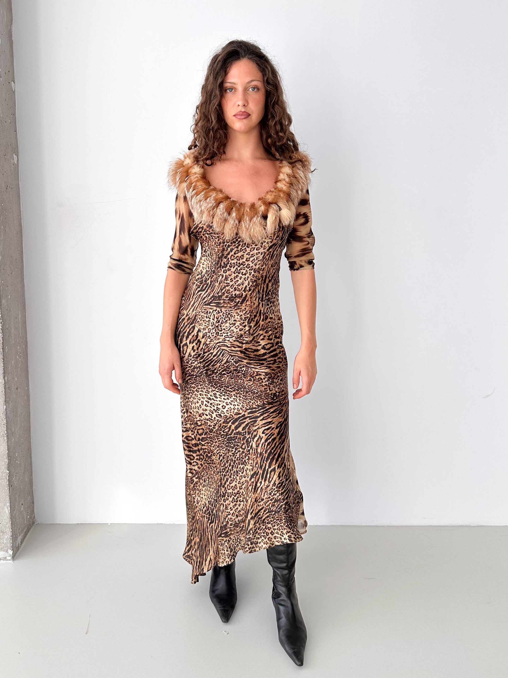 Leopard Print Dress with Fur Trim