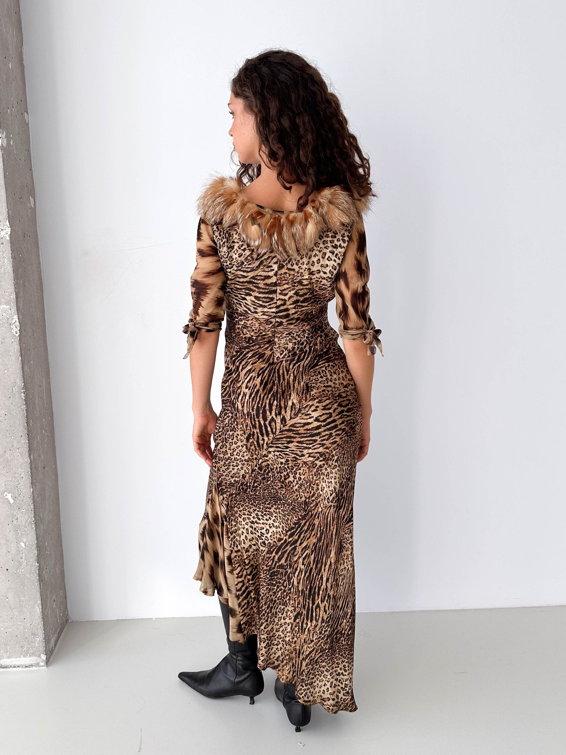 Leopard Print Dress with Fur Trim