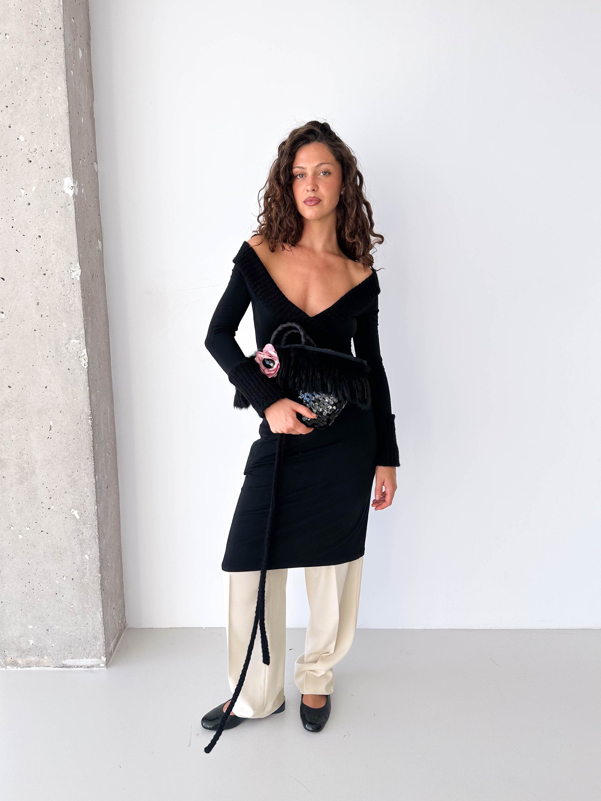 Long Sleeved V Neck Mohair Cuffed Dress