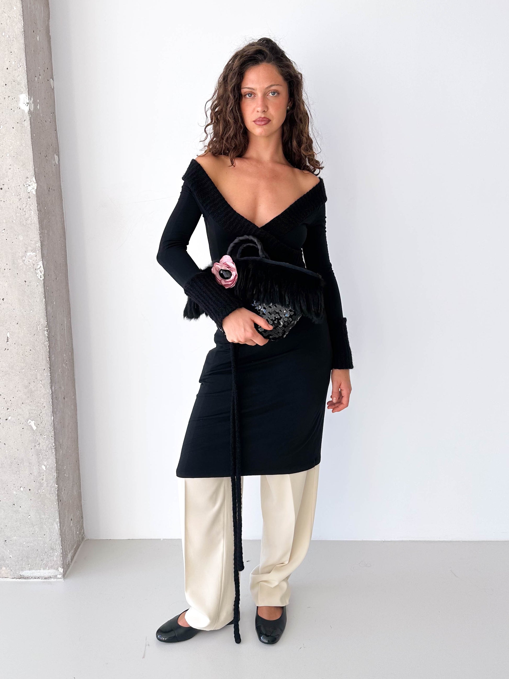 Long Sleeved V Neck Mohair Cuffed Dress