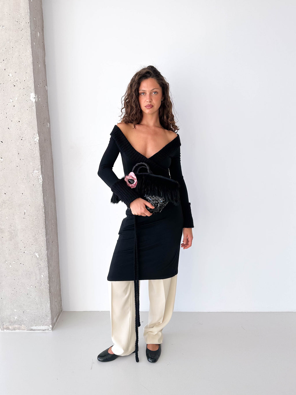 Long Sleeved V Neck Mohair Cuffed Dress