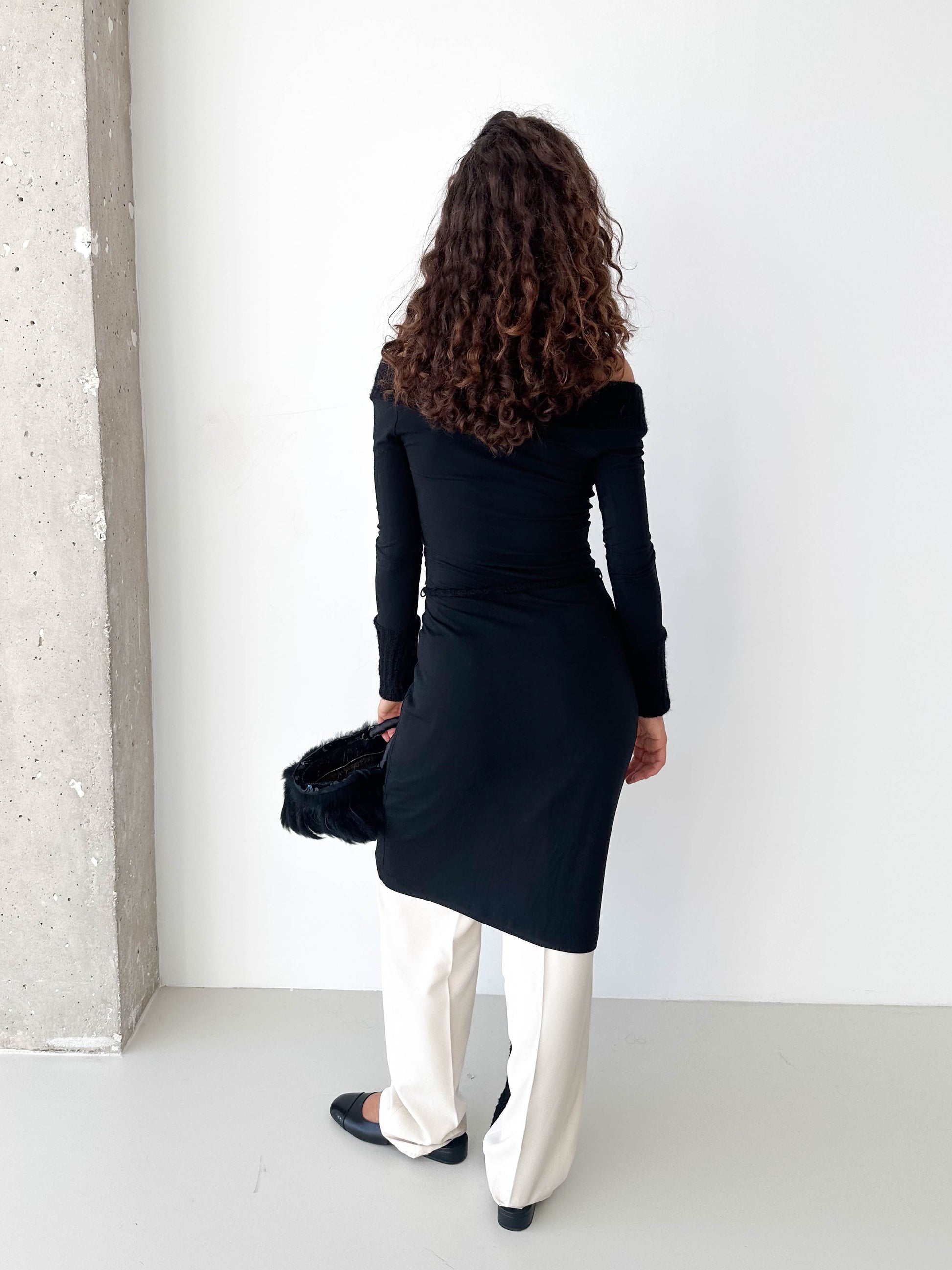 Long Sleeved V Neck Mohair Cuffed Dress