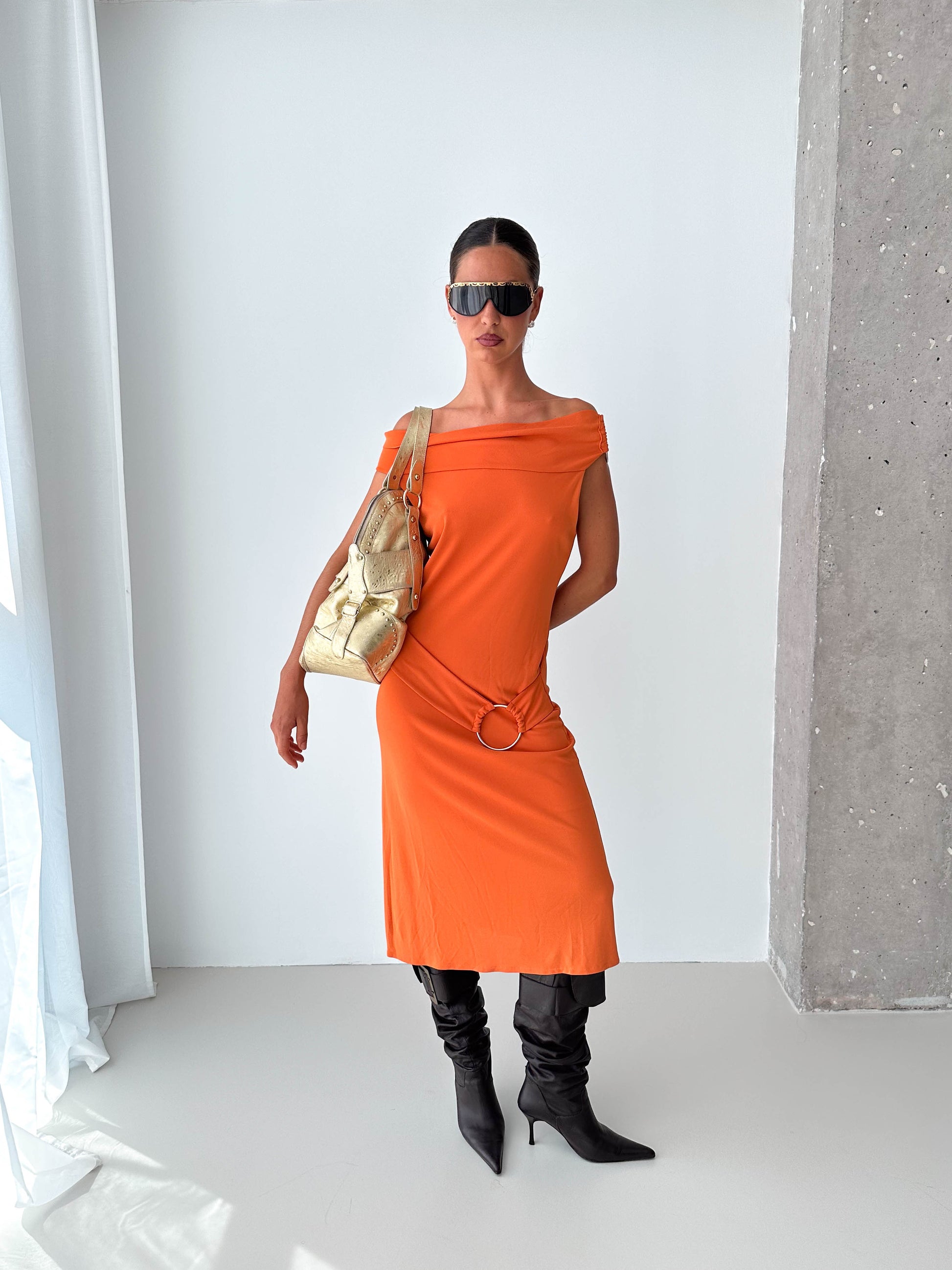 O Ring Off The Shoulder Midi Dress