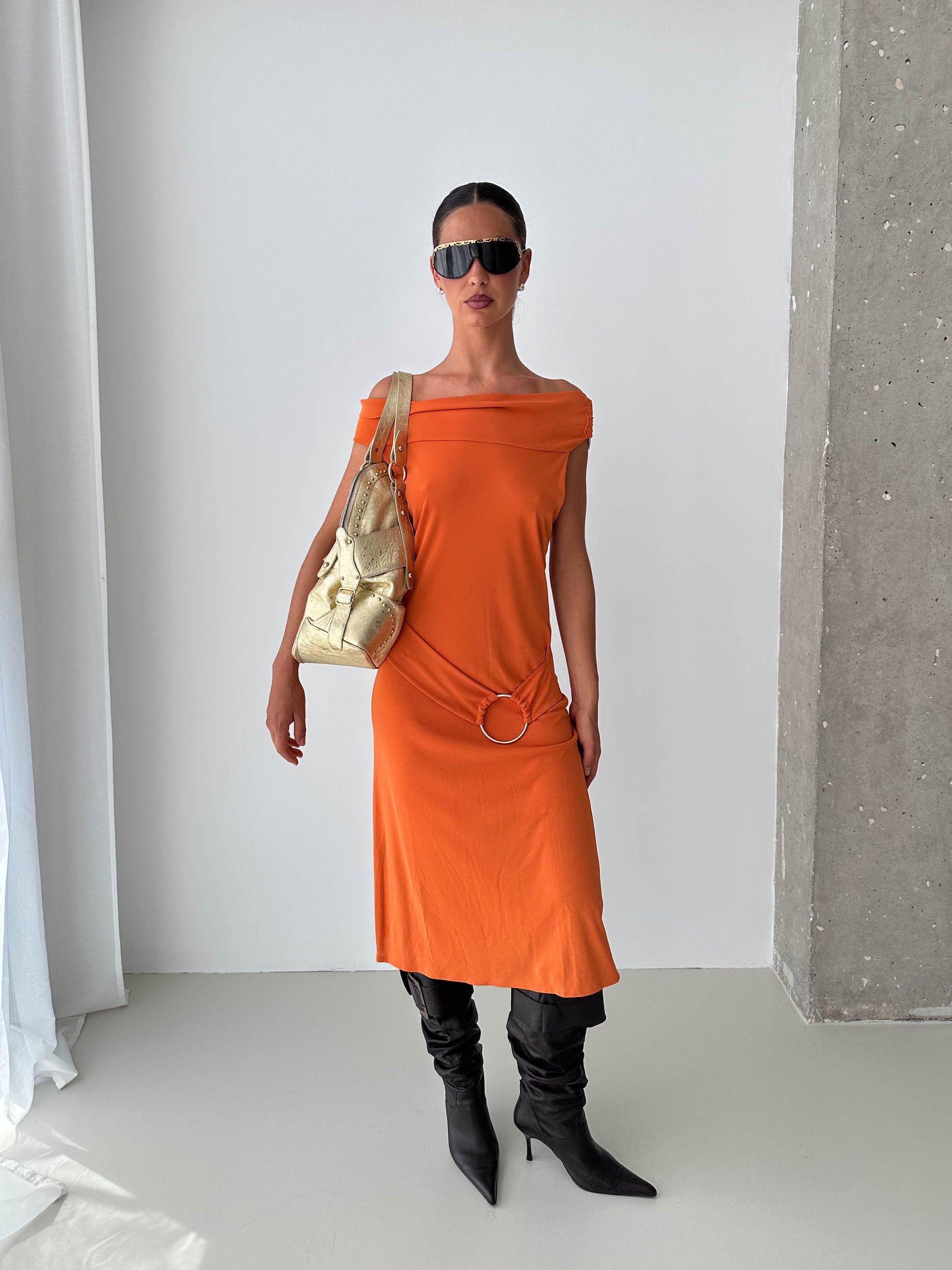 O Ring Off The Shoulder Midi Dress