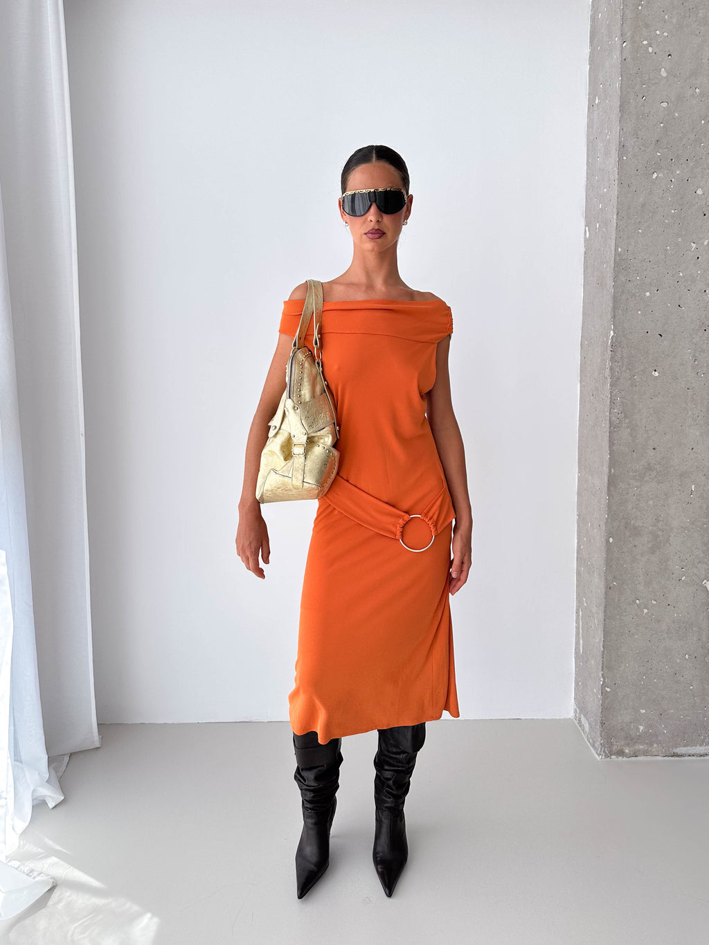 O Ring Off The Shoulder Midi Dress