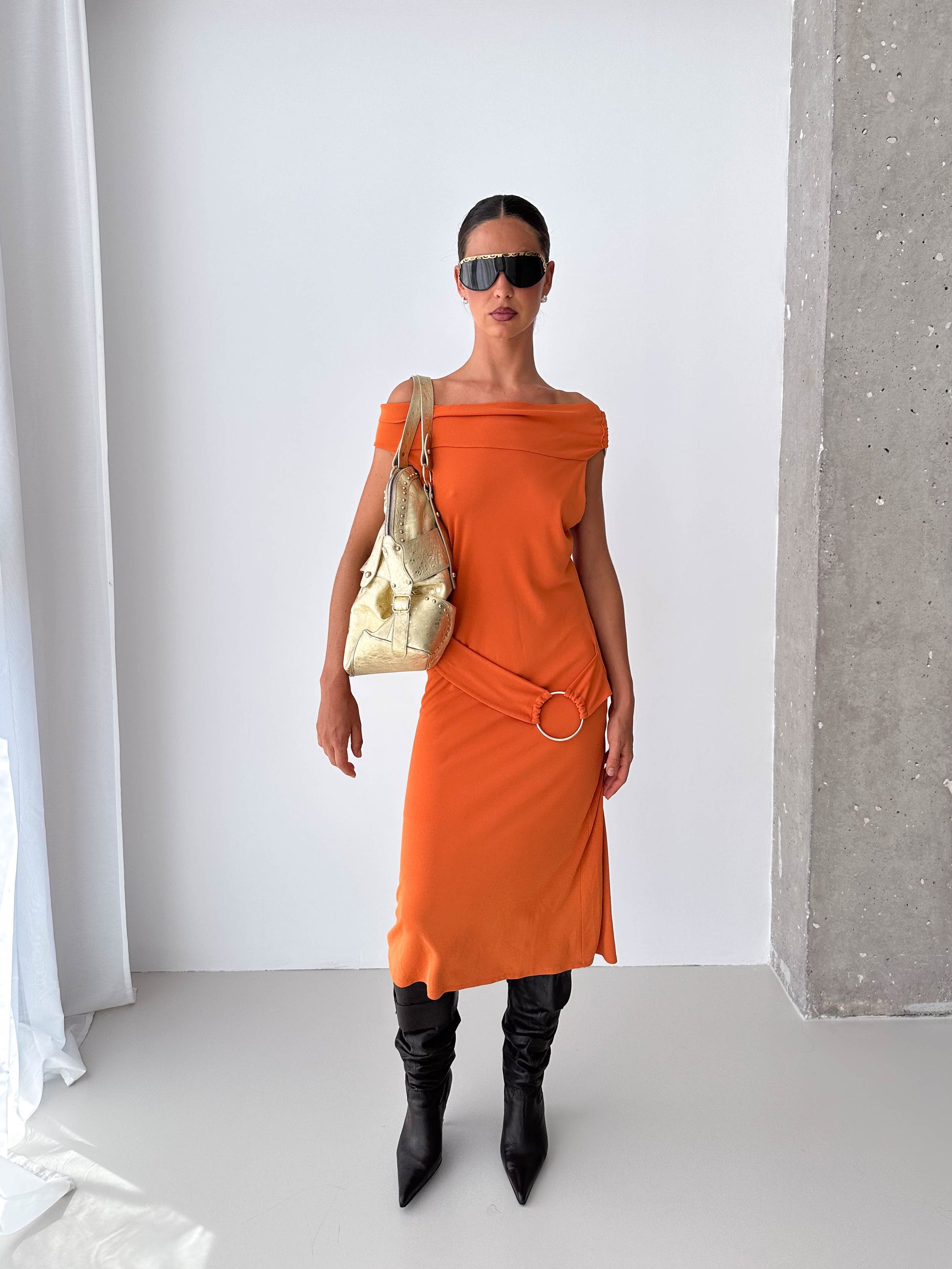O Ring Off The Shoulder Midi Dress