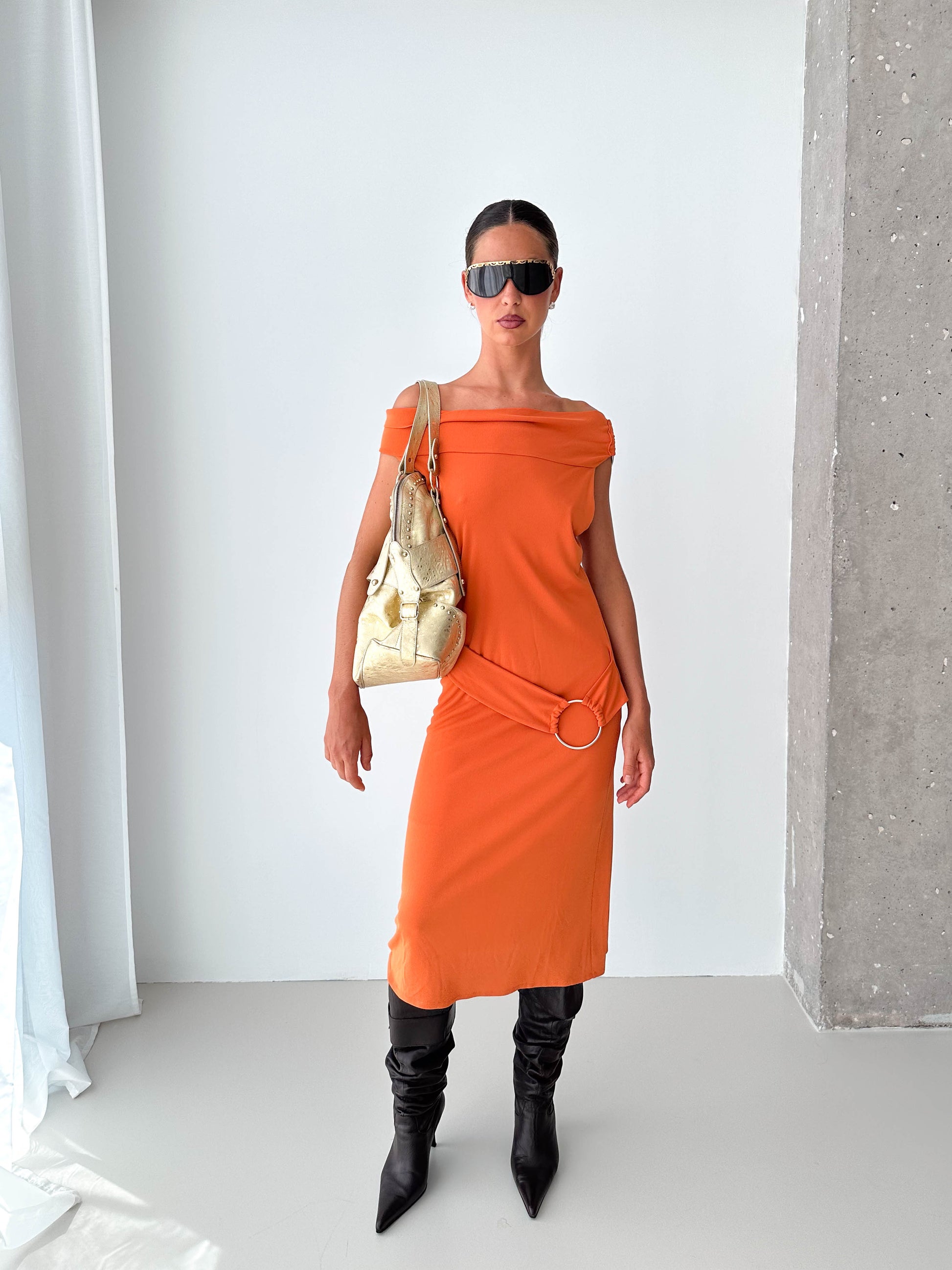 O Ring Off The Shoulder Midi Dress