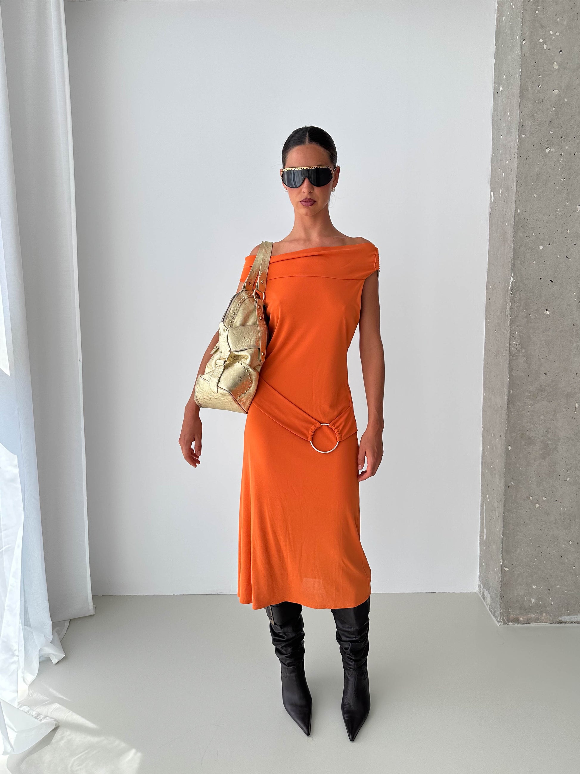 O Ring Off The Shoulder Midi Dress