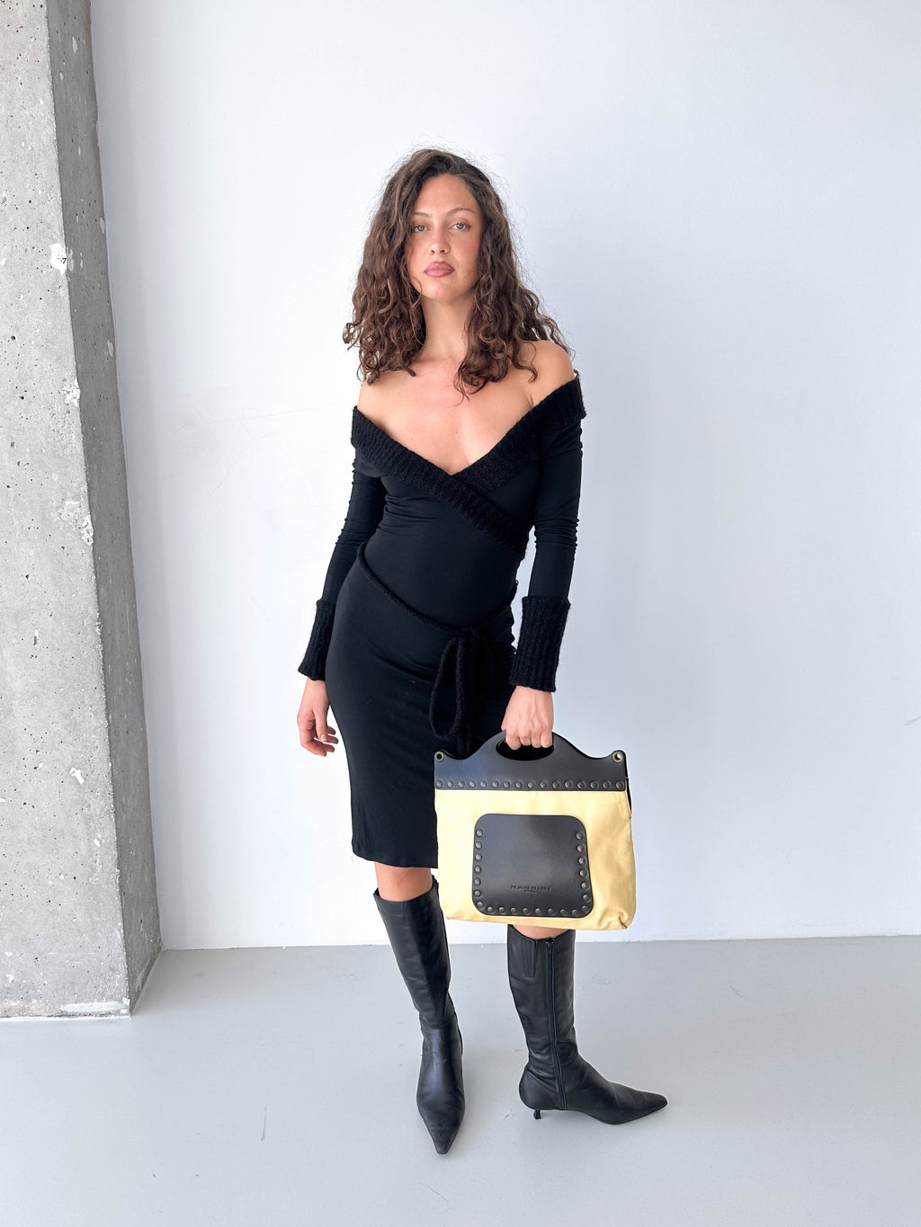 Long Sleeved V Neck Mohair Cuffed Dress