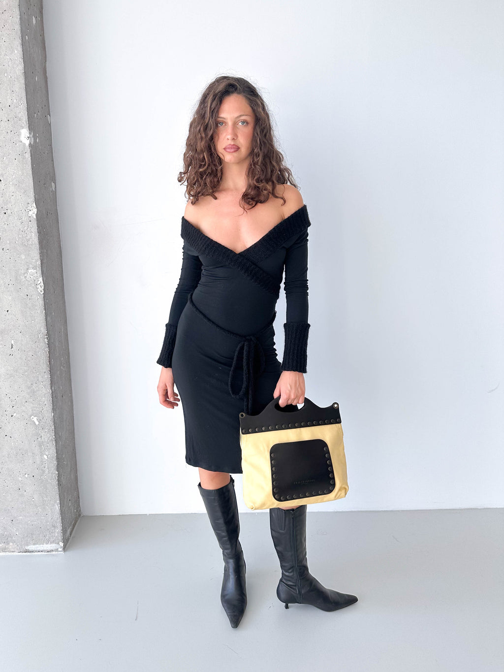 Long Sleeved V Neck Mohair Cuffed Dress