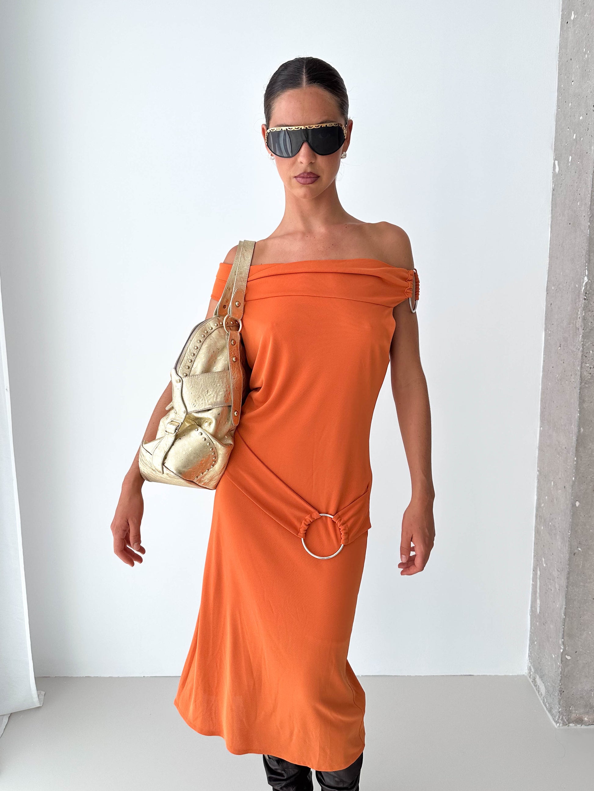 O Ring Off The Shoulder Midi Dress