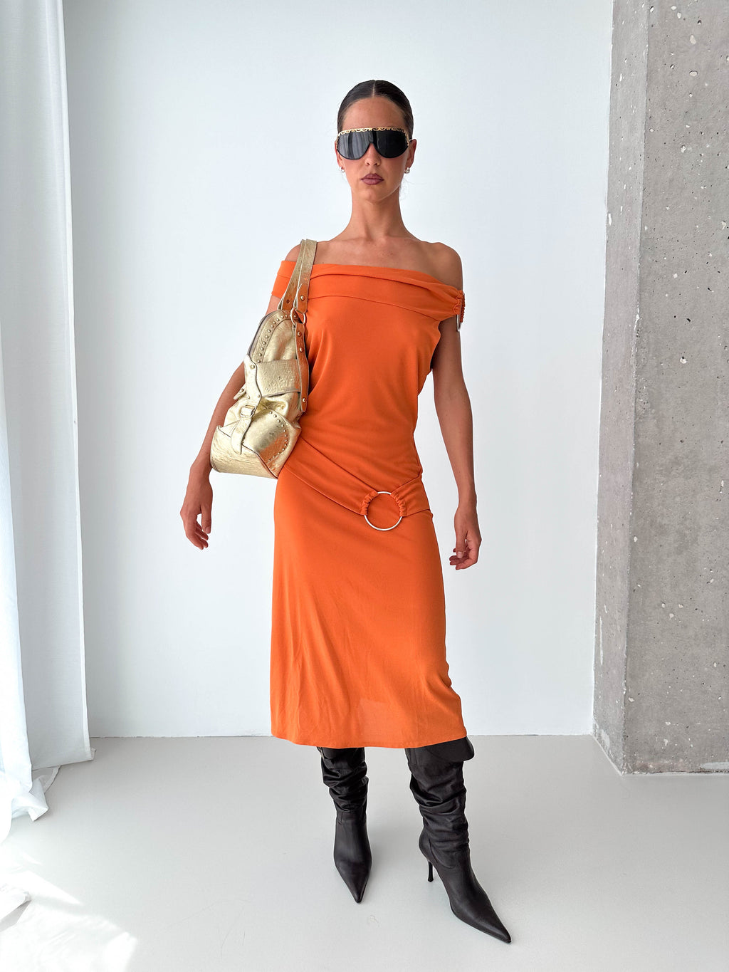 O Ring Off The Shoulder Midi Dress