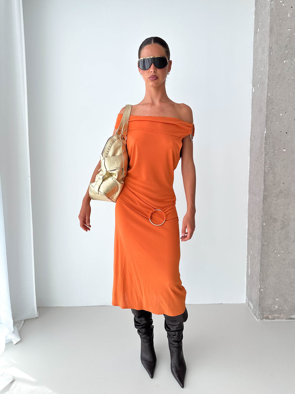 O Ring Off The Shoulder Midi Dress