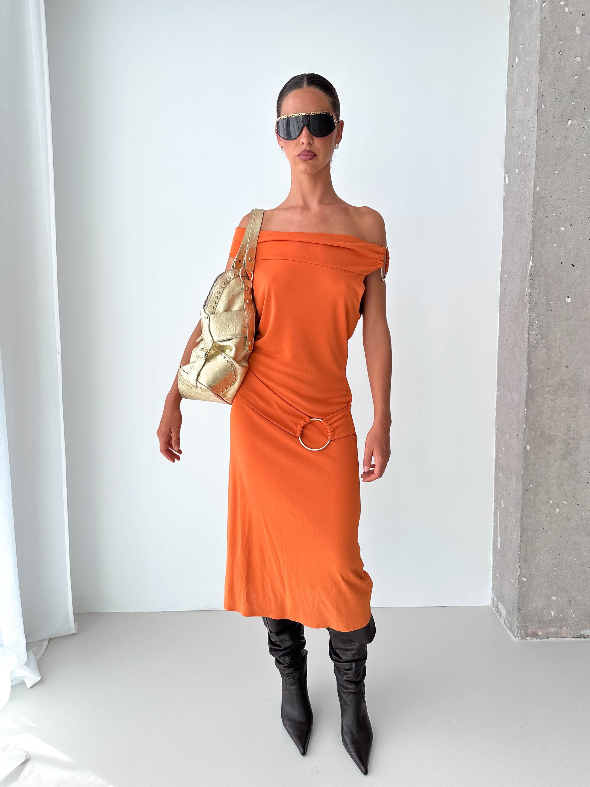 O Ring Off The Shoulder Midi Dress