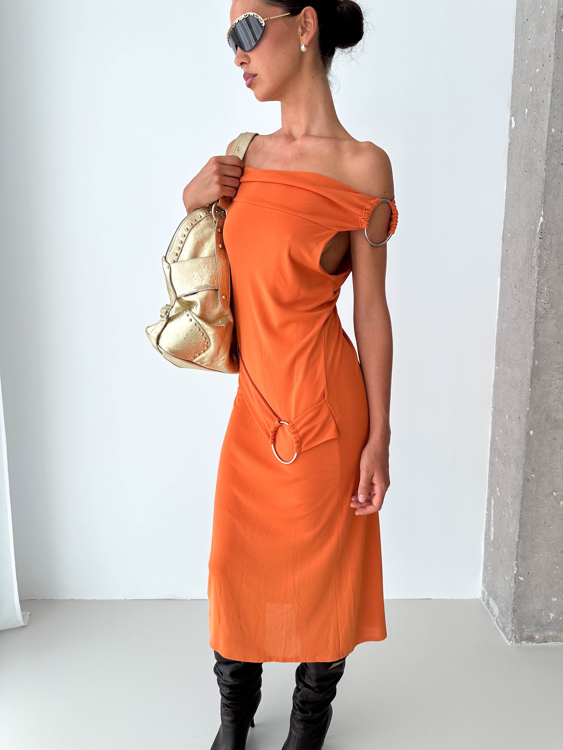 O Ring Off The Shoulder Midi Dress