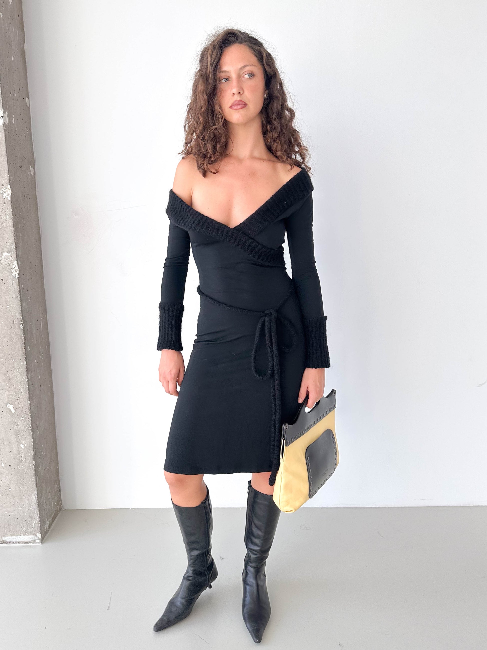 Long Sleeved V Neck Mohair Cuffed Dress
