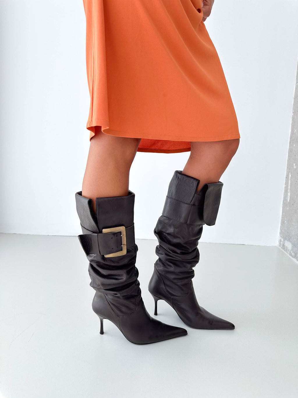 Italian Leather Pirate Buckle Knee High Boots