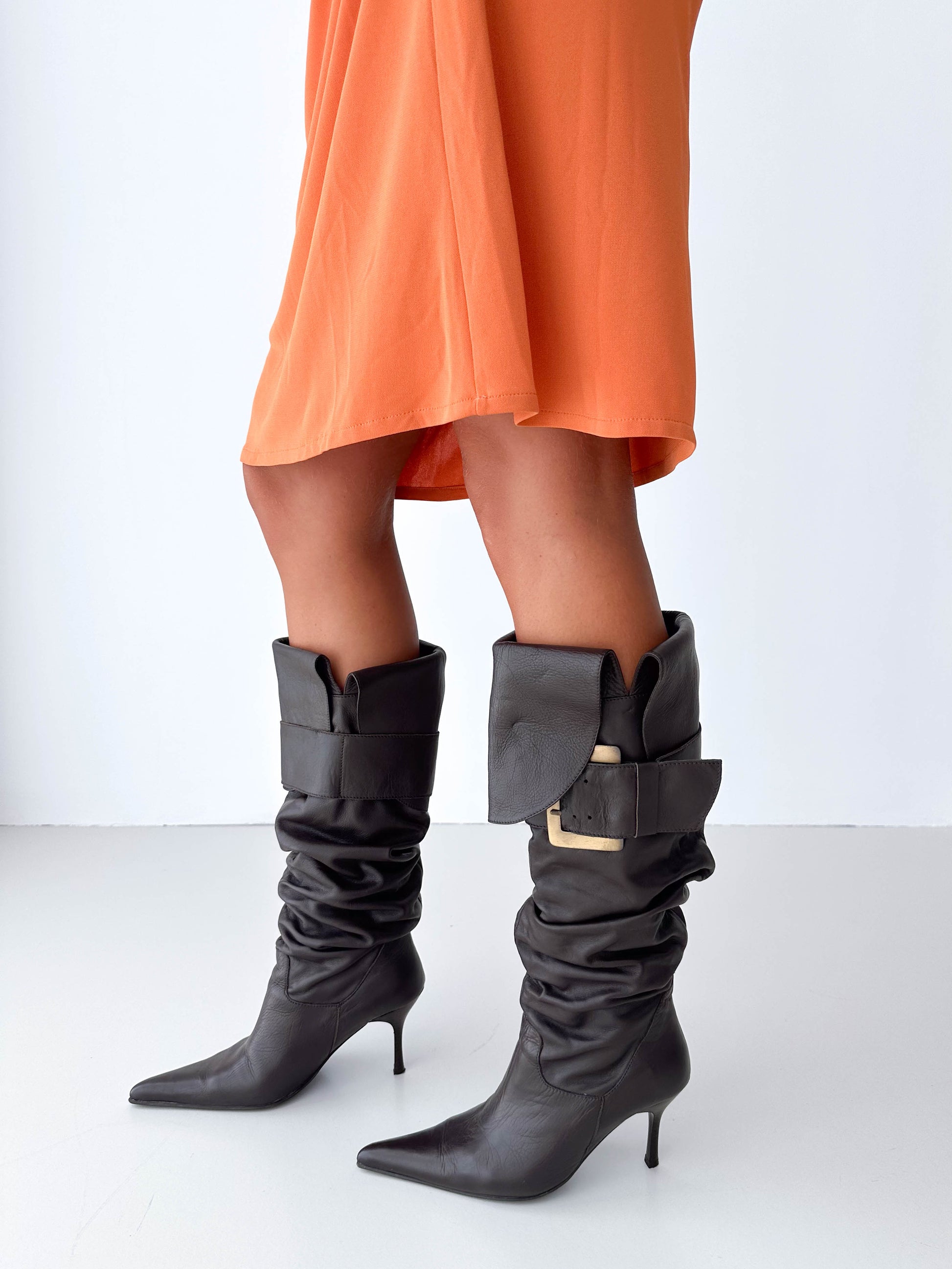 Italian Leather Pirate Buckle Knee High Boots