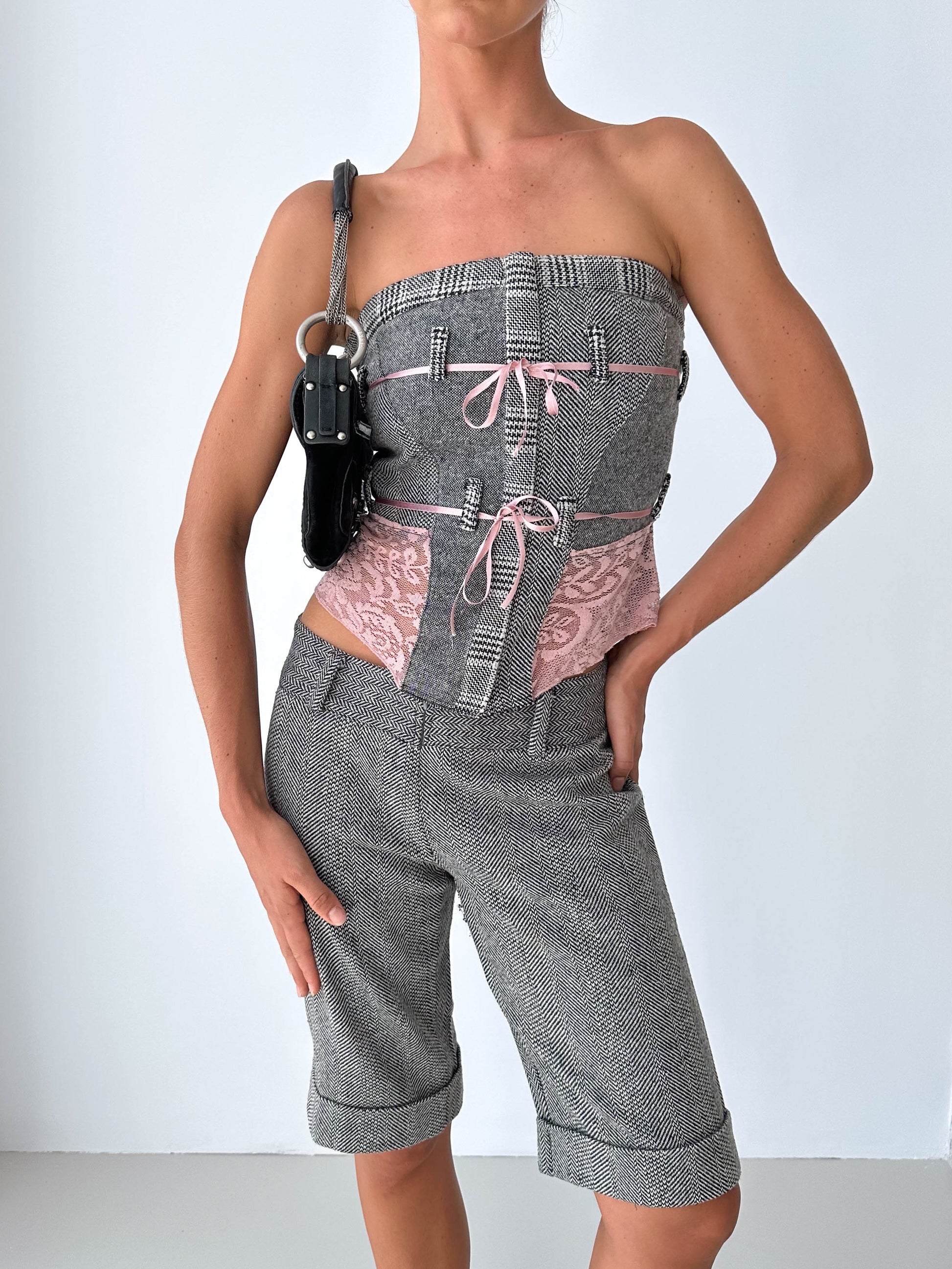 Tweed Stapless Shorts Bustier Matching  Two Piece