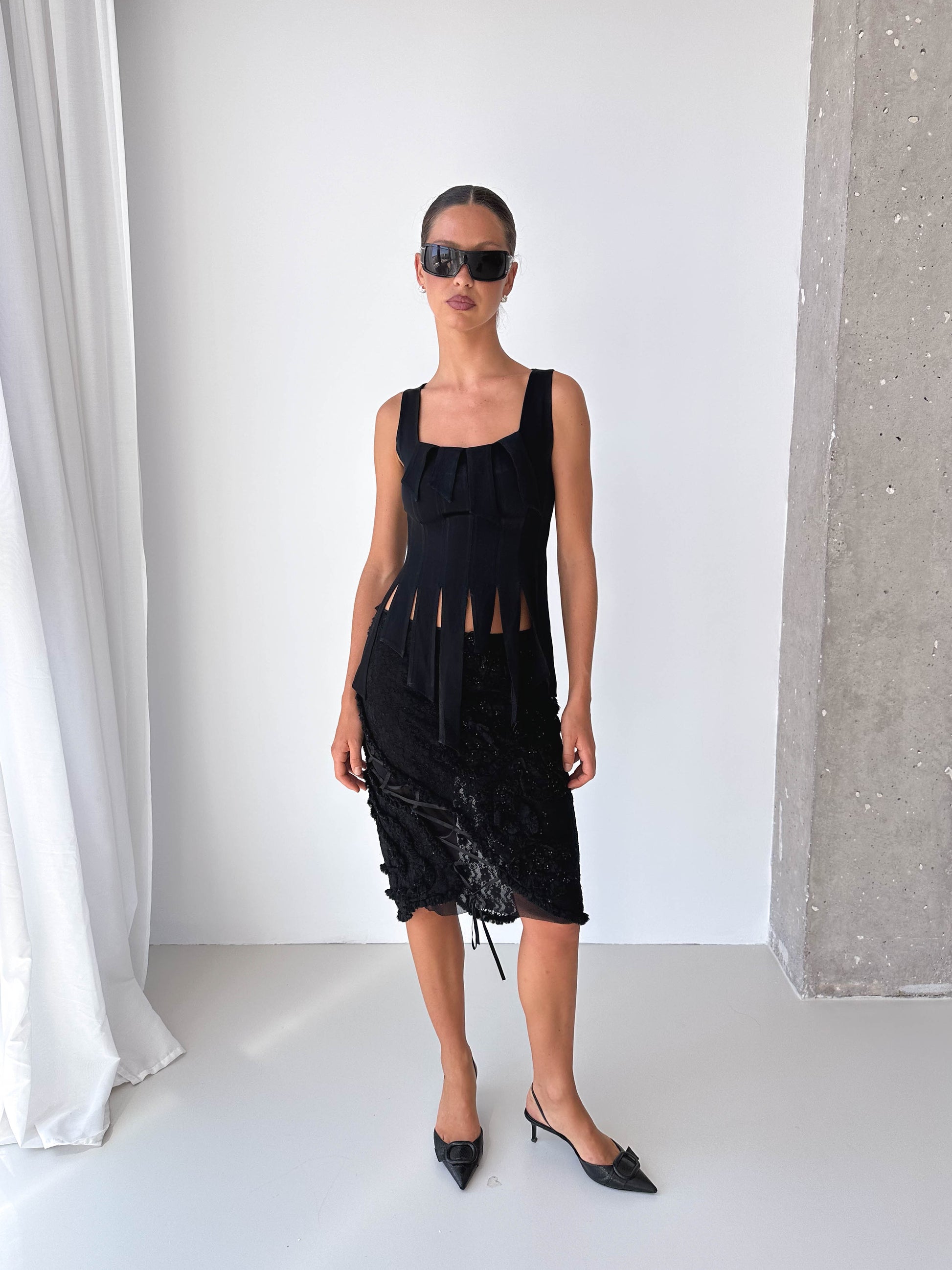Sheer Midi Skirt With Lace Up Detail