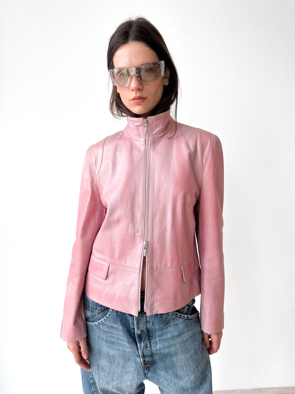 Metallic Pink Leather Moto Jacket