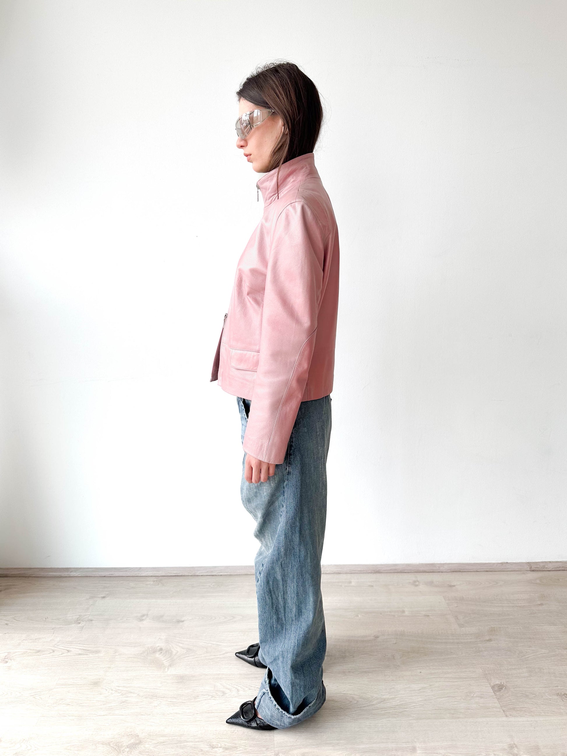 Metallic Pink Leather Moto Jacket