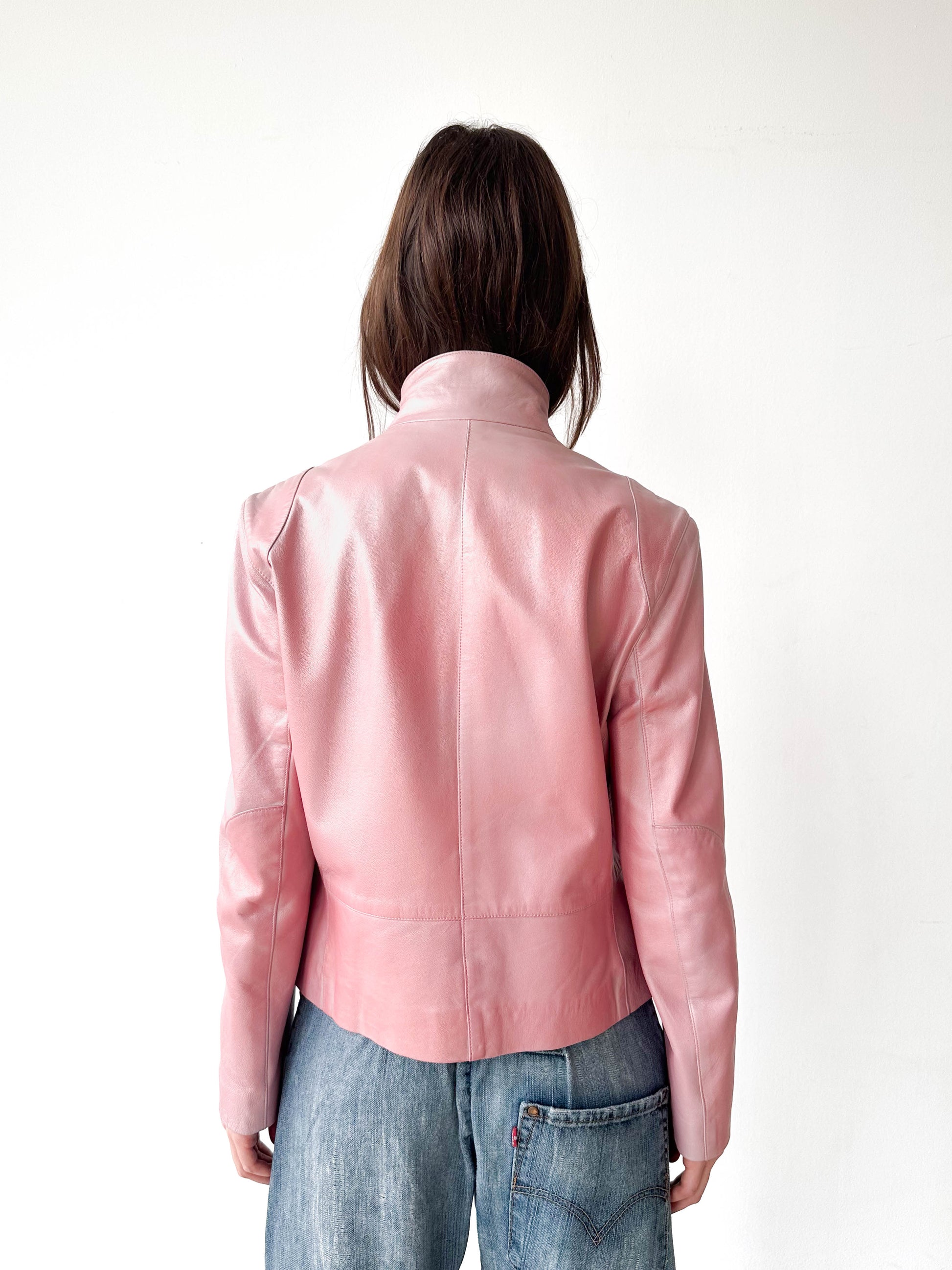 Metallic Pink Leather Moto Jacket