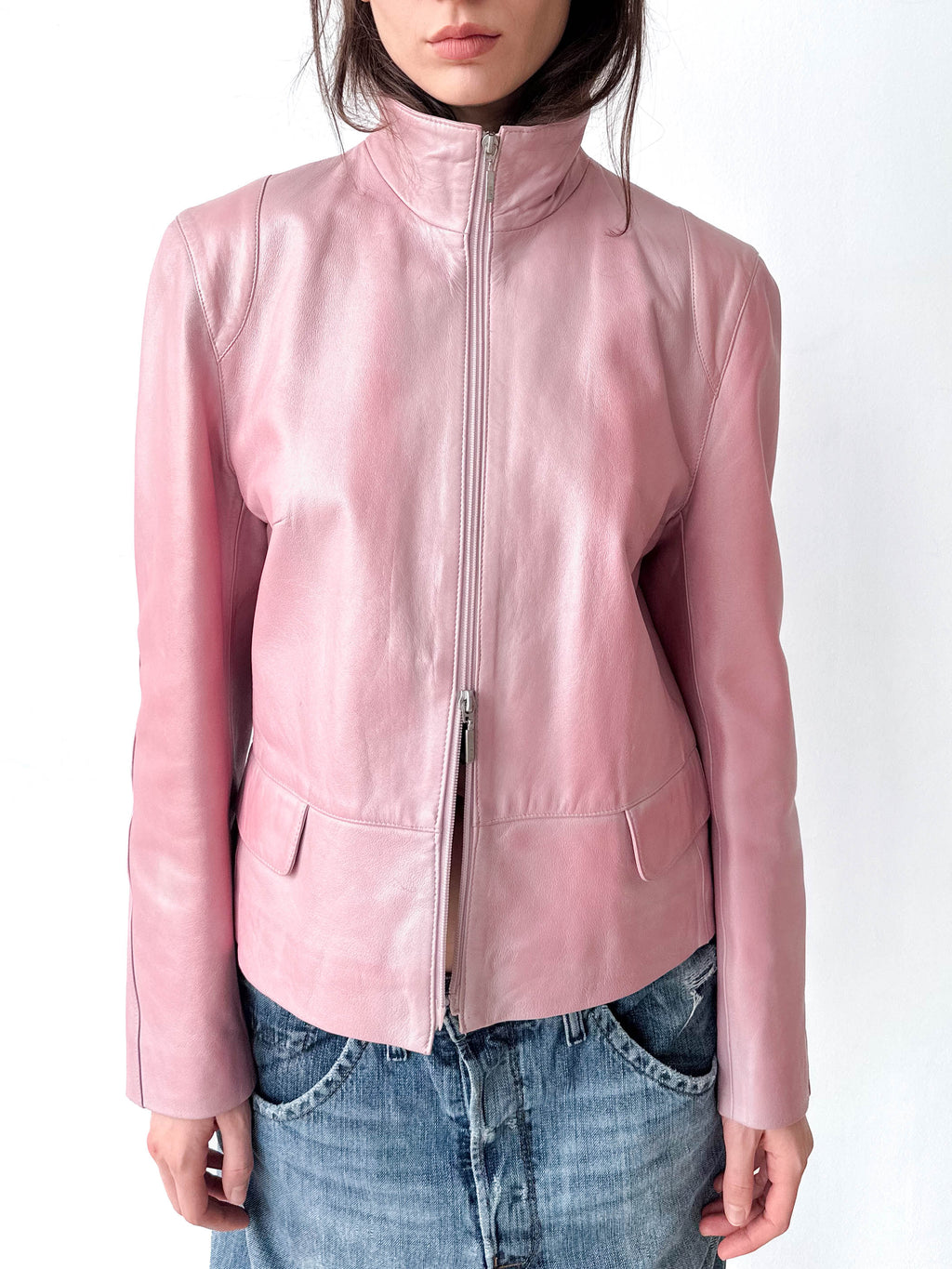 Metallic Pink Leather Moto Jacket