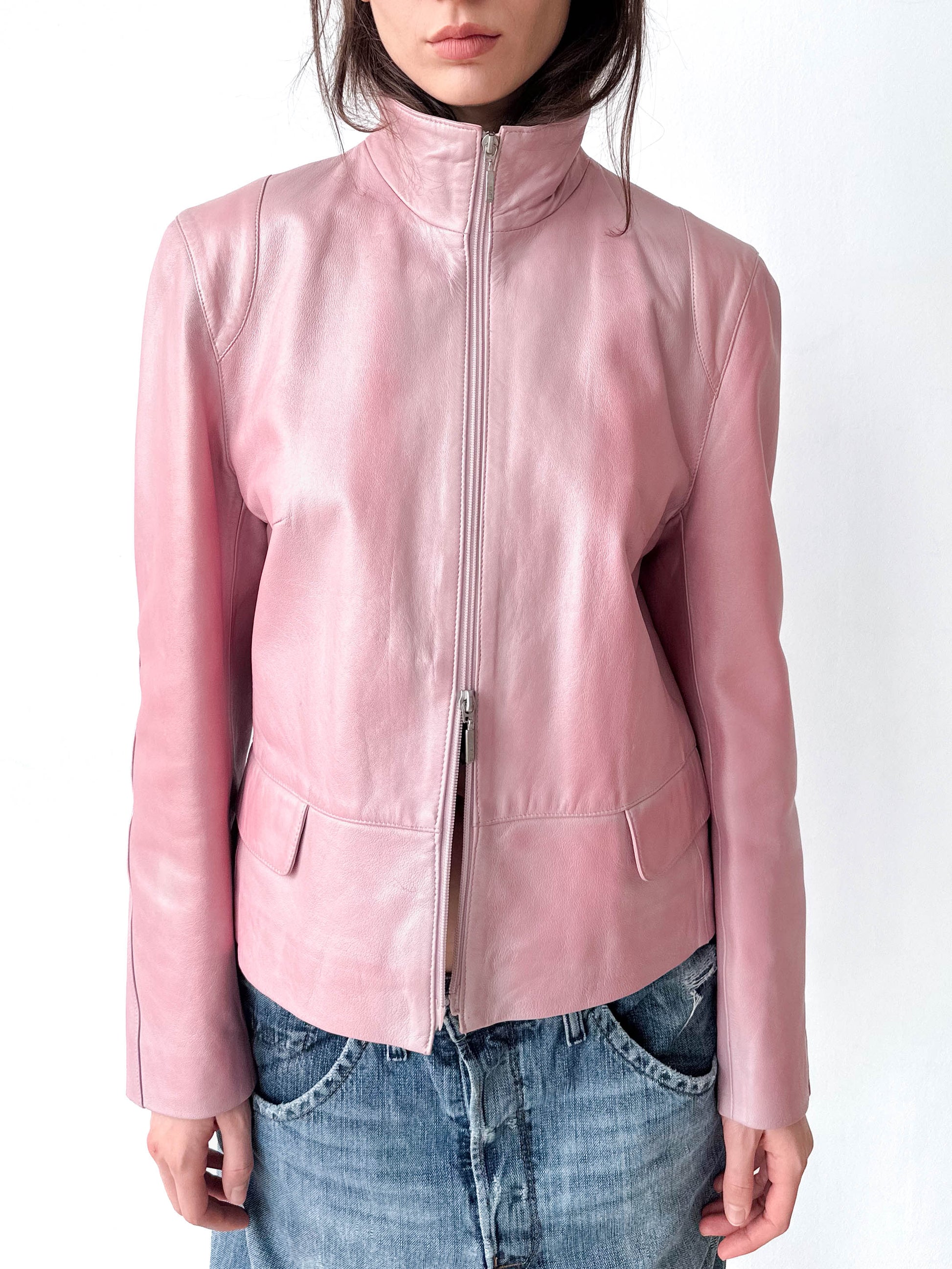 Metallic Pink Leather Moto Jacket