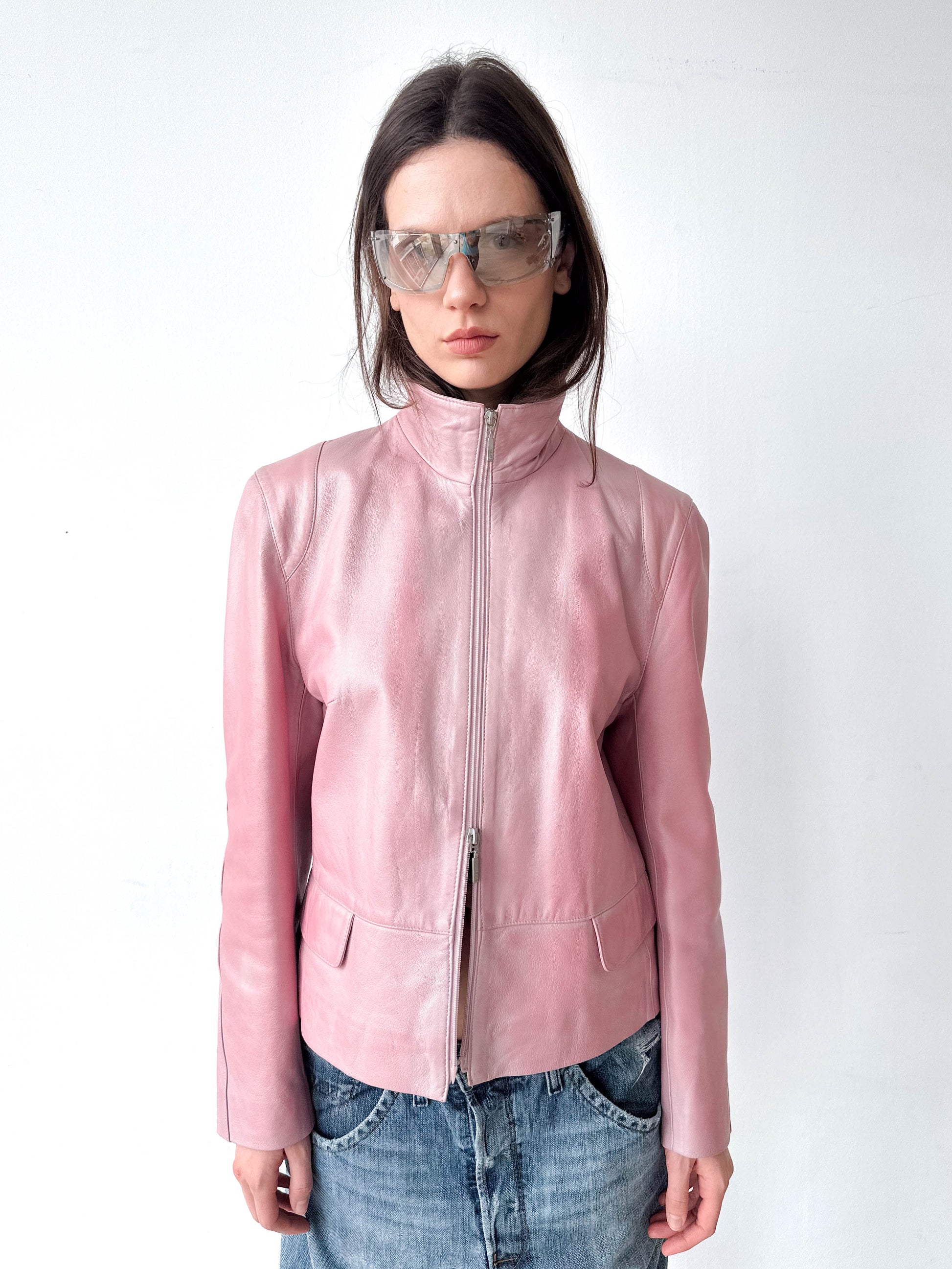 Metallic Pink Leather Moto Jacket