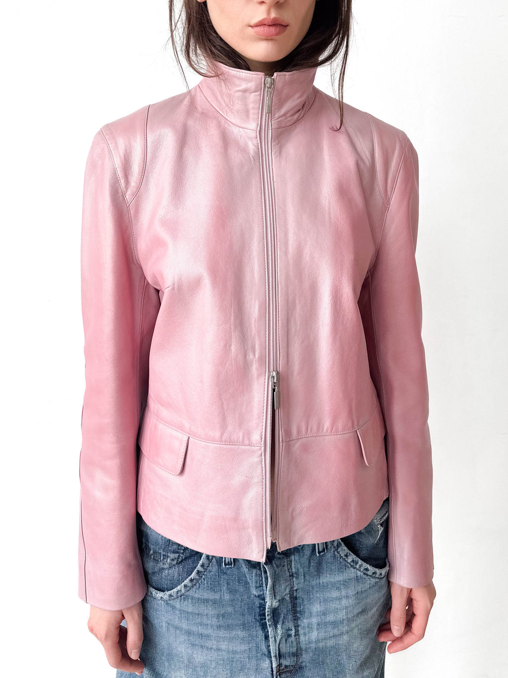 Metallic Pink Leather Moto Jacket