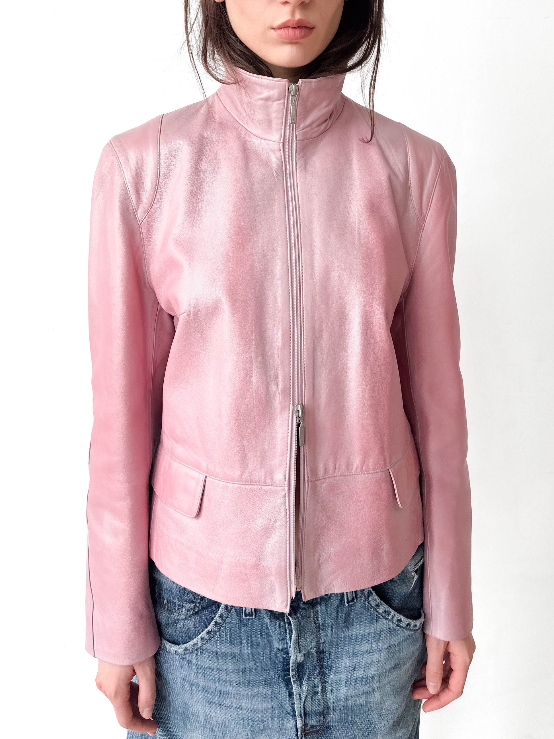 Metallic Pink Leather Moto Jacket